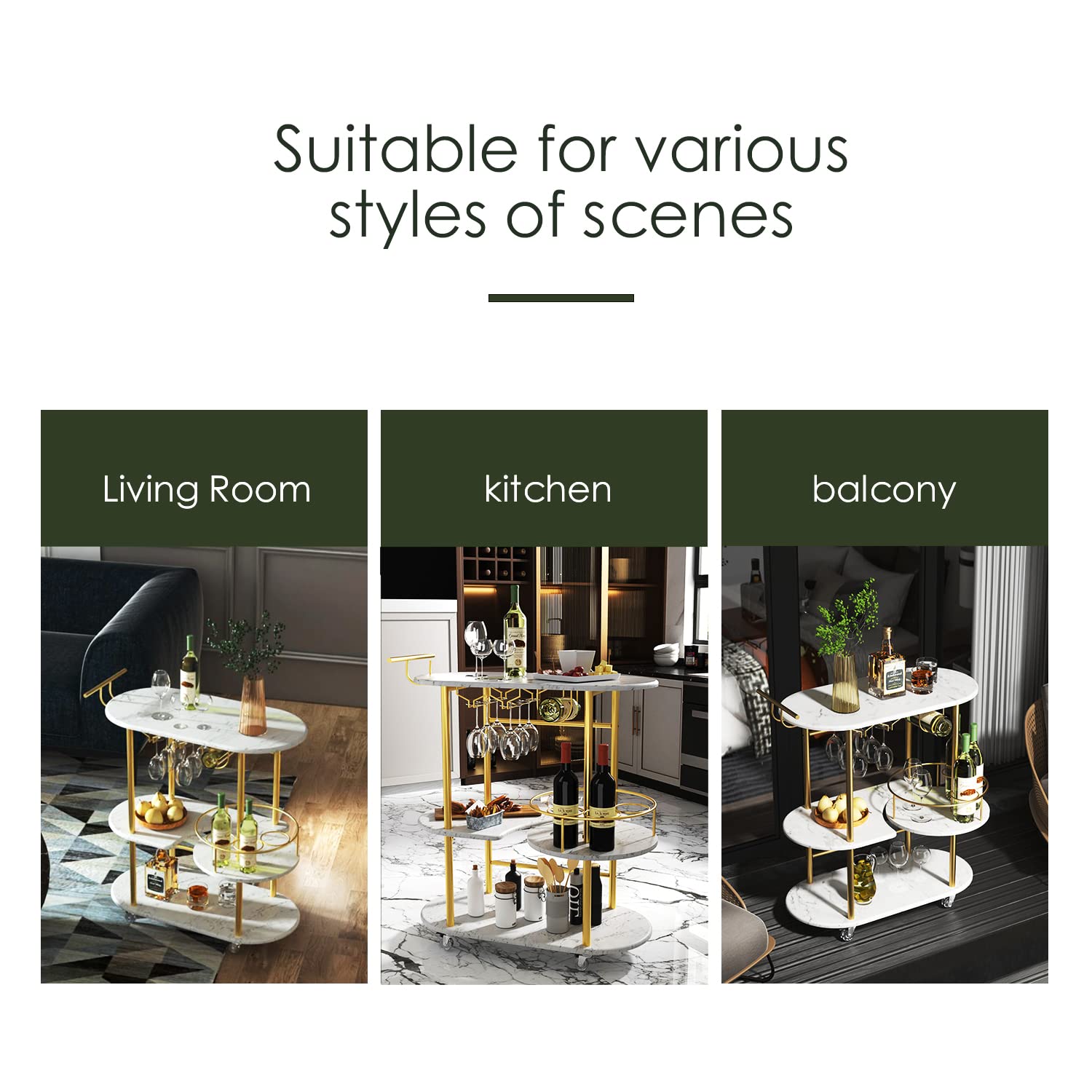 4-Tier Gold Bar Cart with Wine Rack & Glass Holder - Mobile Serving Cart for Kitchen, Living Room, Dining Room - Perfect for Home Entertaining & Party Hosting