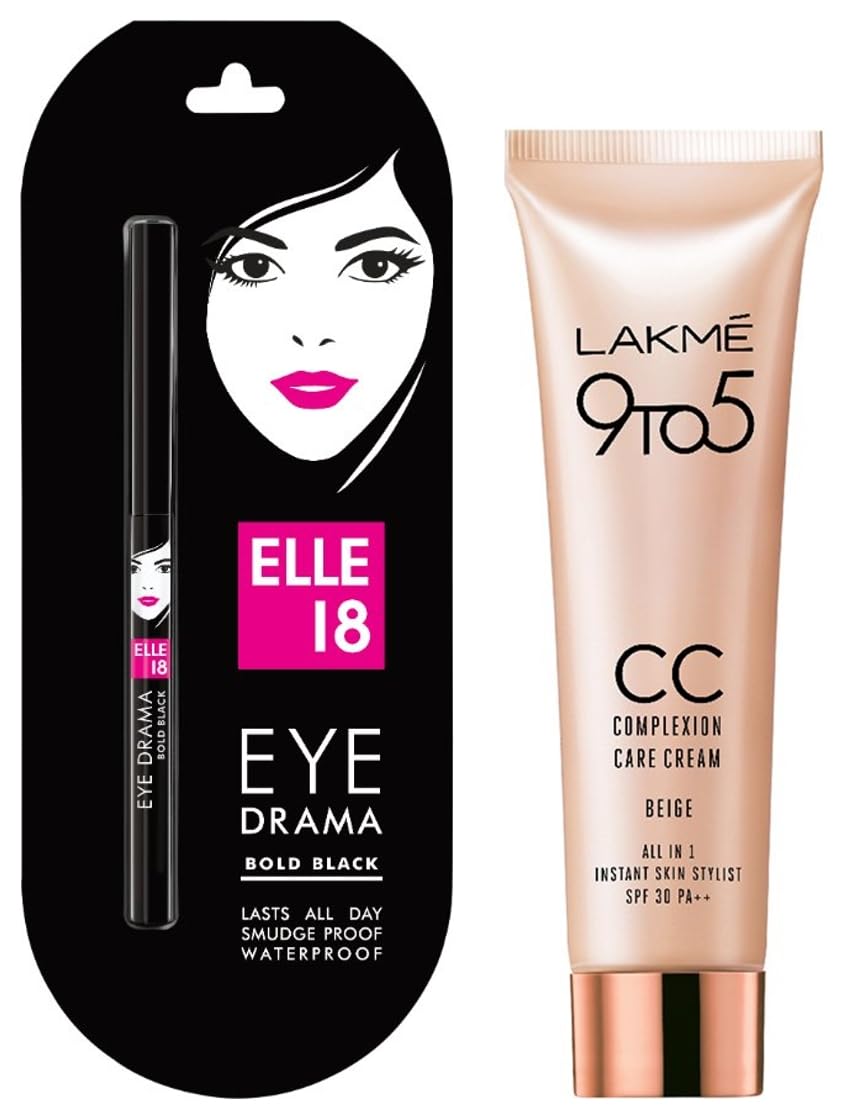 Elle 18 Eye Drama Kajal - Bold Black Eyeliner (0.35g) & Lakme Complexion Care Face Cream - Beige Matte Finish (9g) | Long-Lasting Makeup Combo for Dramatic Eyes & Flawless Skin | Perfect for Daily Wear & Special Occasions