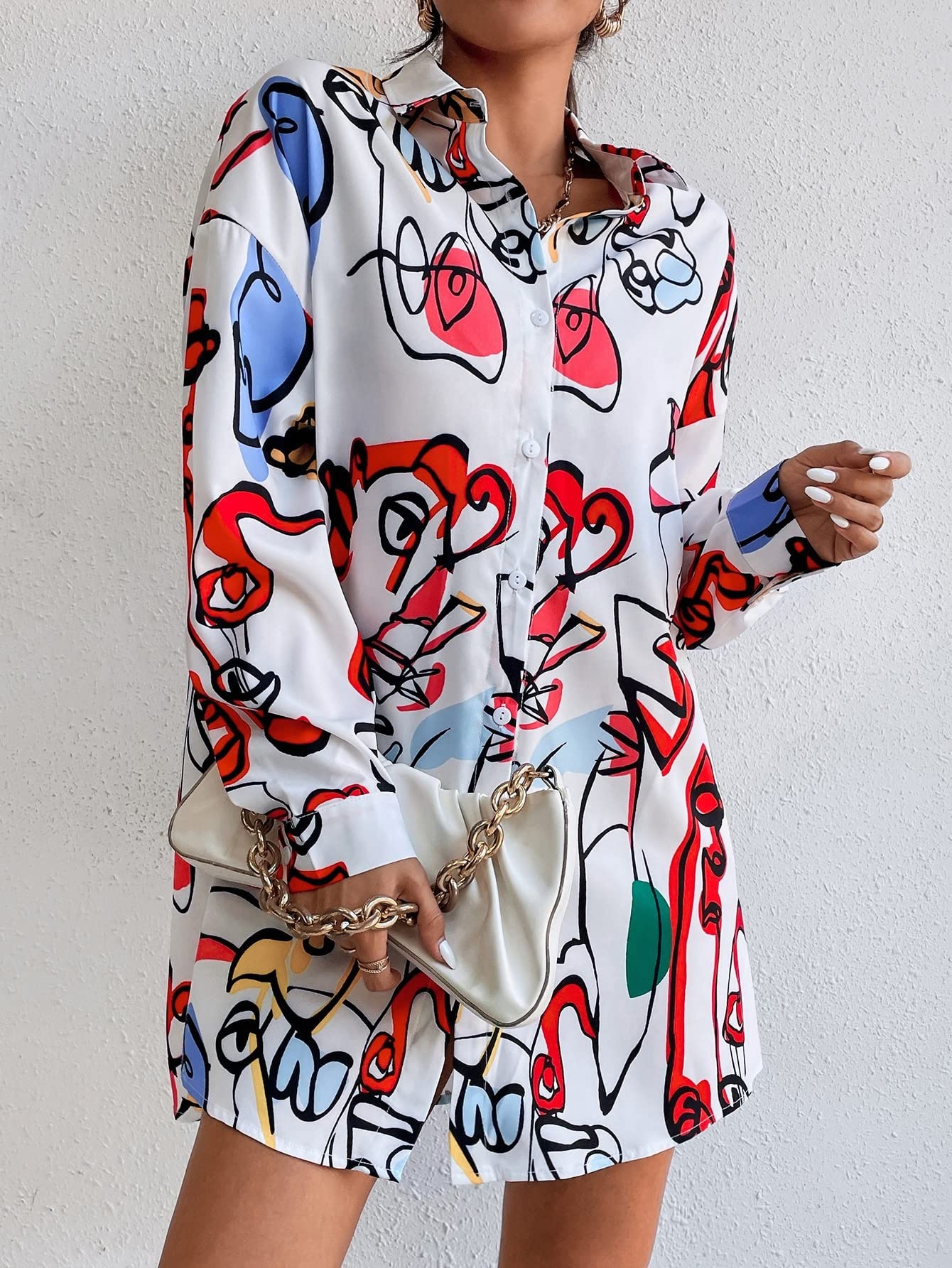 Floral Print Long Sleeve Mini Dress for Women - Spring Summer Shoulder Shirt Dress Without Belt (White, XL) | Perfect for Casual Outings, Date Nights & Office Wear