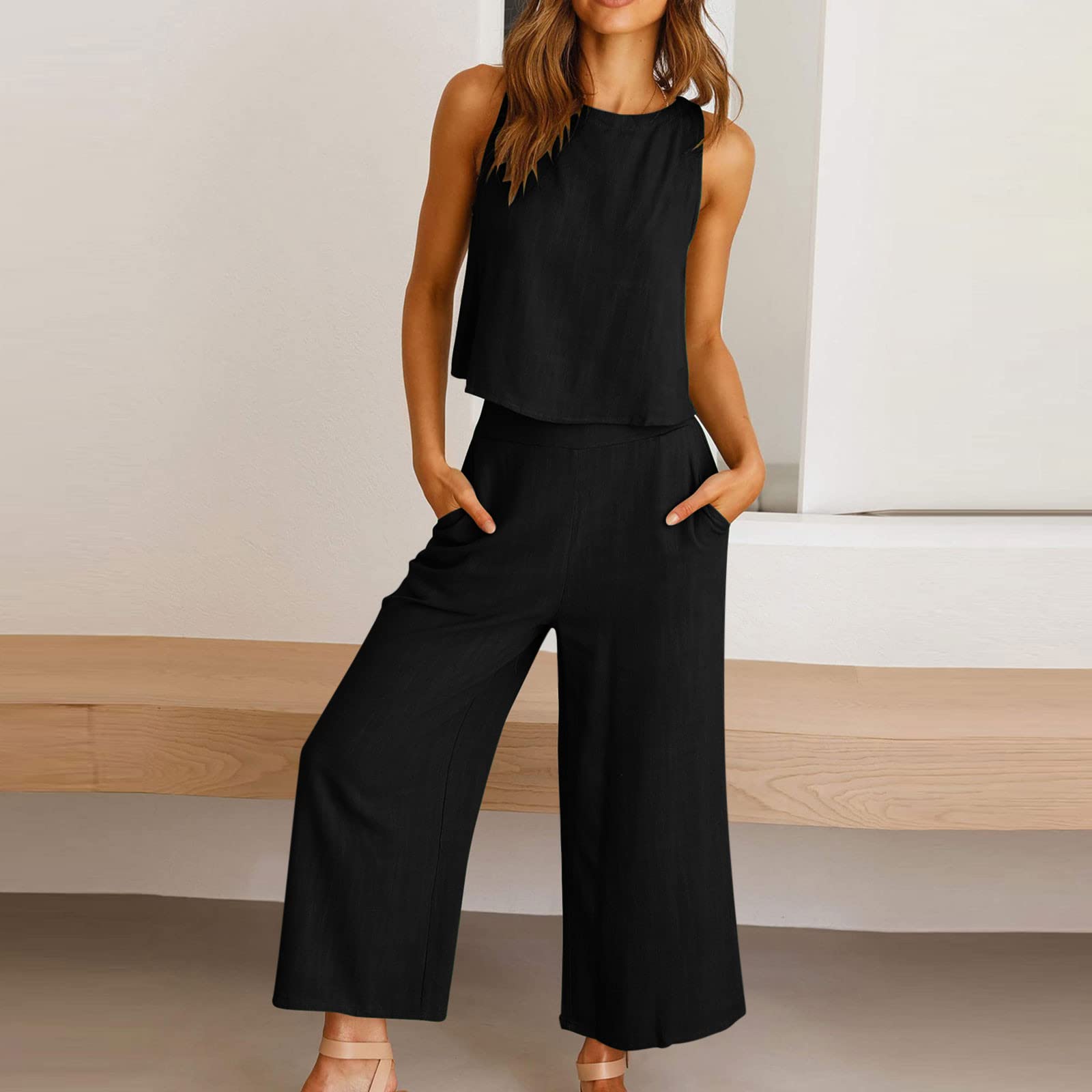 AMhomely Women's 2-Piece Outfits - Sleeveless Cotton Linen Wide Leg Pants Set with Vest Top & Back Buttons | Elegant Ladies Pantsuit with Pockets | Perfect for Office Wear, Summer Vacation & Casual Outings