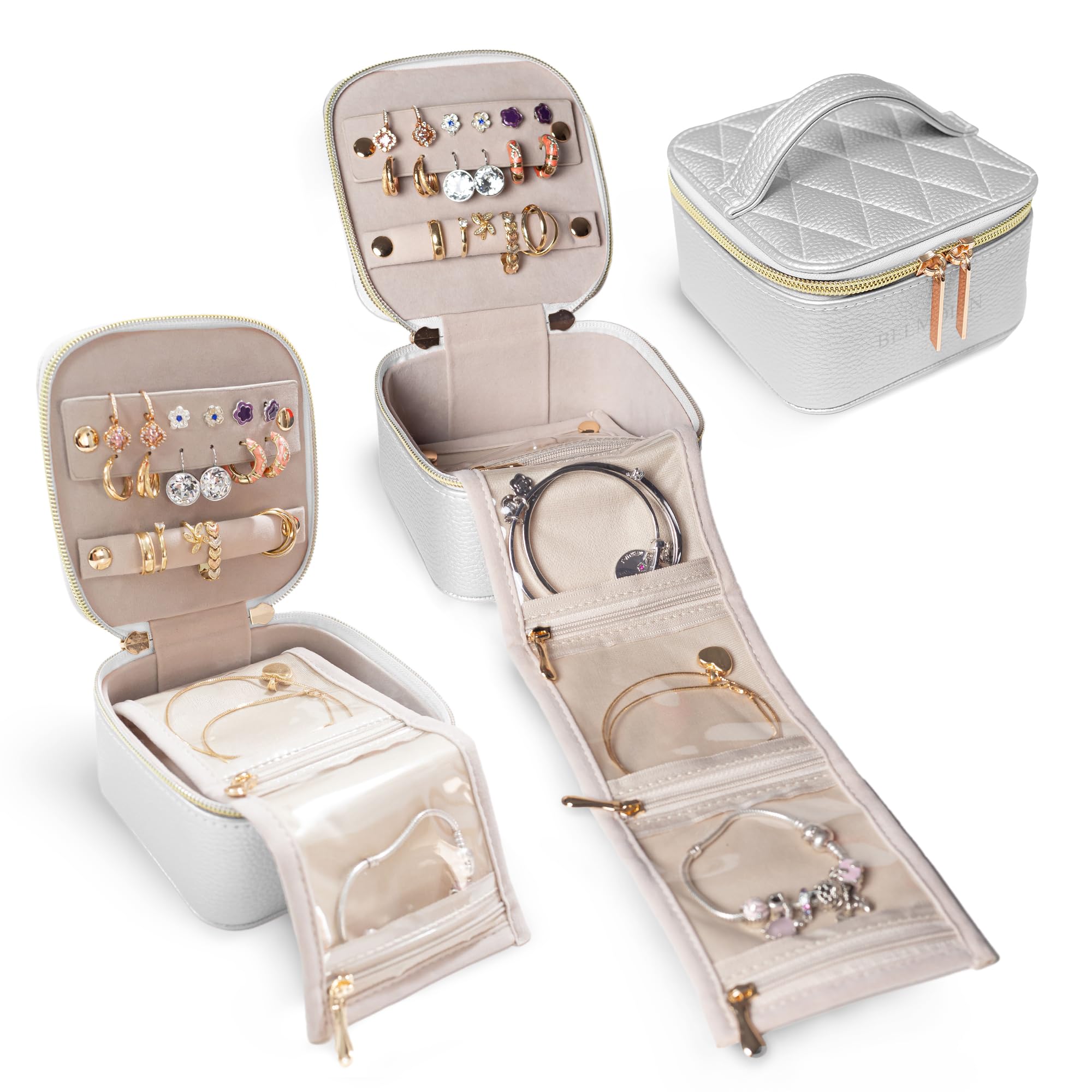 Premium Leather Travel Jewelry Organizer Case - Anti-Tangle Jewelry Storage Box for Women - Portable Jewelry Organizer with Multiple Compartments - Perfect for Vacation, Business Trips & Daily Use (Pearl White)
