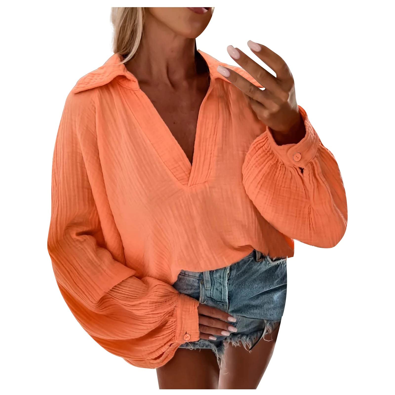 Women's Linen Oversized V-Neck T-Shirt - Long Lantern Sleeve Casual Blouse for Workout & Everyday Wear | Breathable Summer Top for Yoga, Running, and Relaxing Outfits