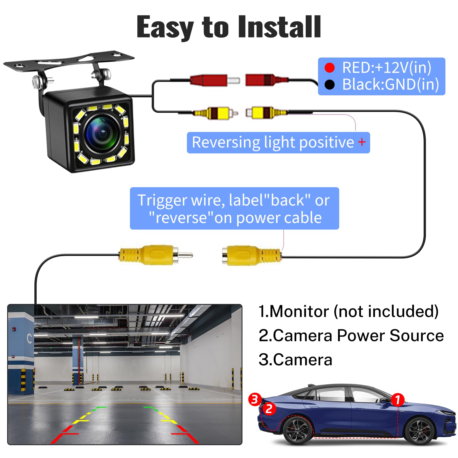 12-24V Car Backup Camera with 170° Wide Angle & 12 LED Night Vision - Waterproof Rear View Reverse Camera for Cars, SUVs, Trucks, RVs - Perfect for Safe Parking & Night Driving