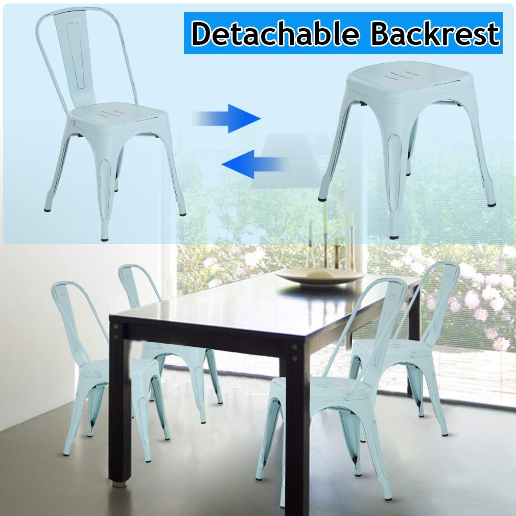 Metal Dining Chairs Set of 4 - Indoor Outdoor Stackable Bistro Chairs 330LBS Capacity - Rustic Industrial Cafe, Kitchen, Farmhouse, Pub & Restaurant Chairs in Blue - Perfect for Home, Patio, Coffee Shop & Dining Areas