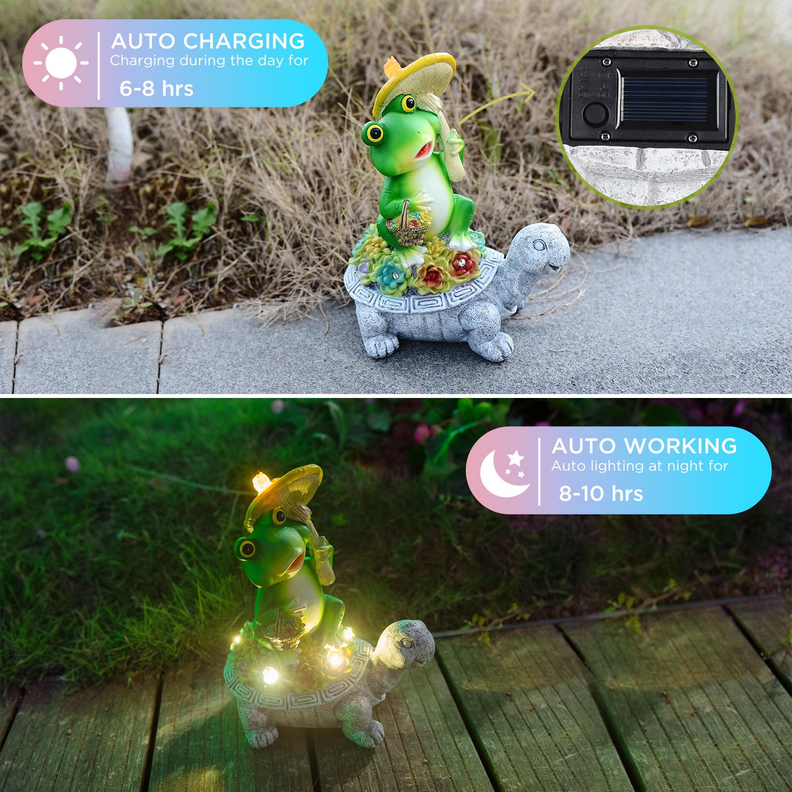Solar-Powered Turtle & Frog Garden Statue with Mushroom Lights - Outdoor Lawn Decor for Patio, Porch & Yard - Unique Birthday Gift for Men & Women - Perfect for Garden, Pathway & Backyard Lighting