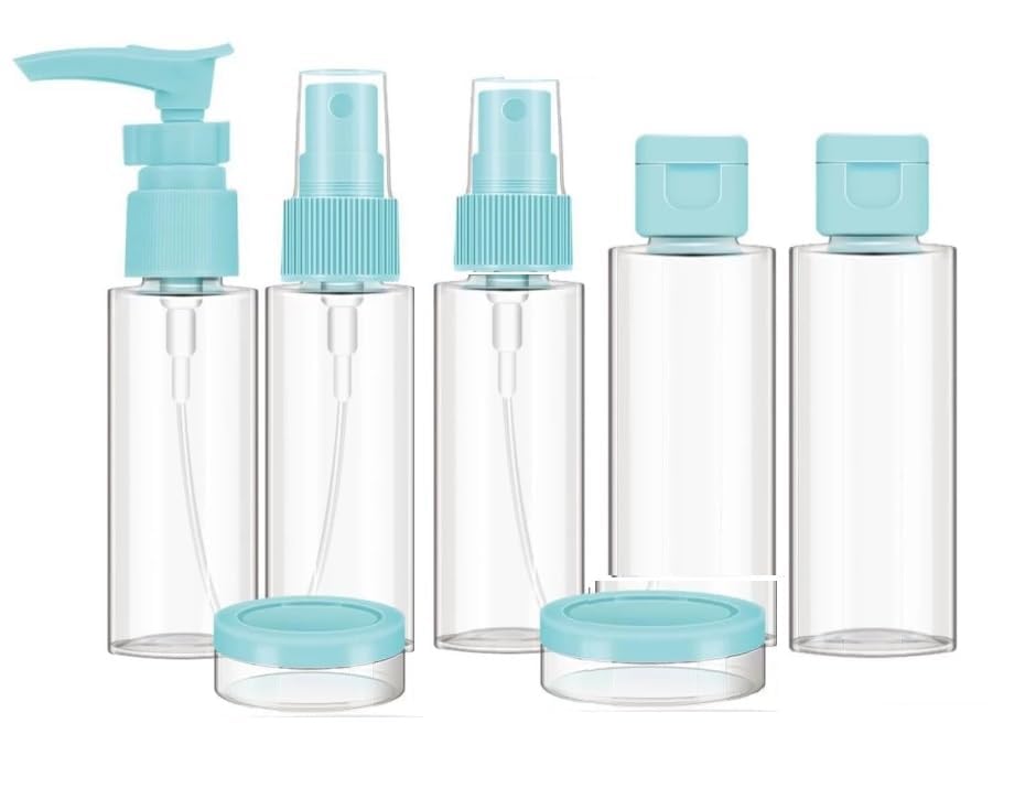 **Cellebii® Travel Bottles Kit - 7pcs Leak Proof Refillable Toiletry Containers Set for Lotion, Shampoo, Cream & Soap (5 Bottles + 2 Jars) - Perfect for Air Travel, Gym, Camping & Vacation Essentials**