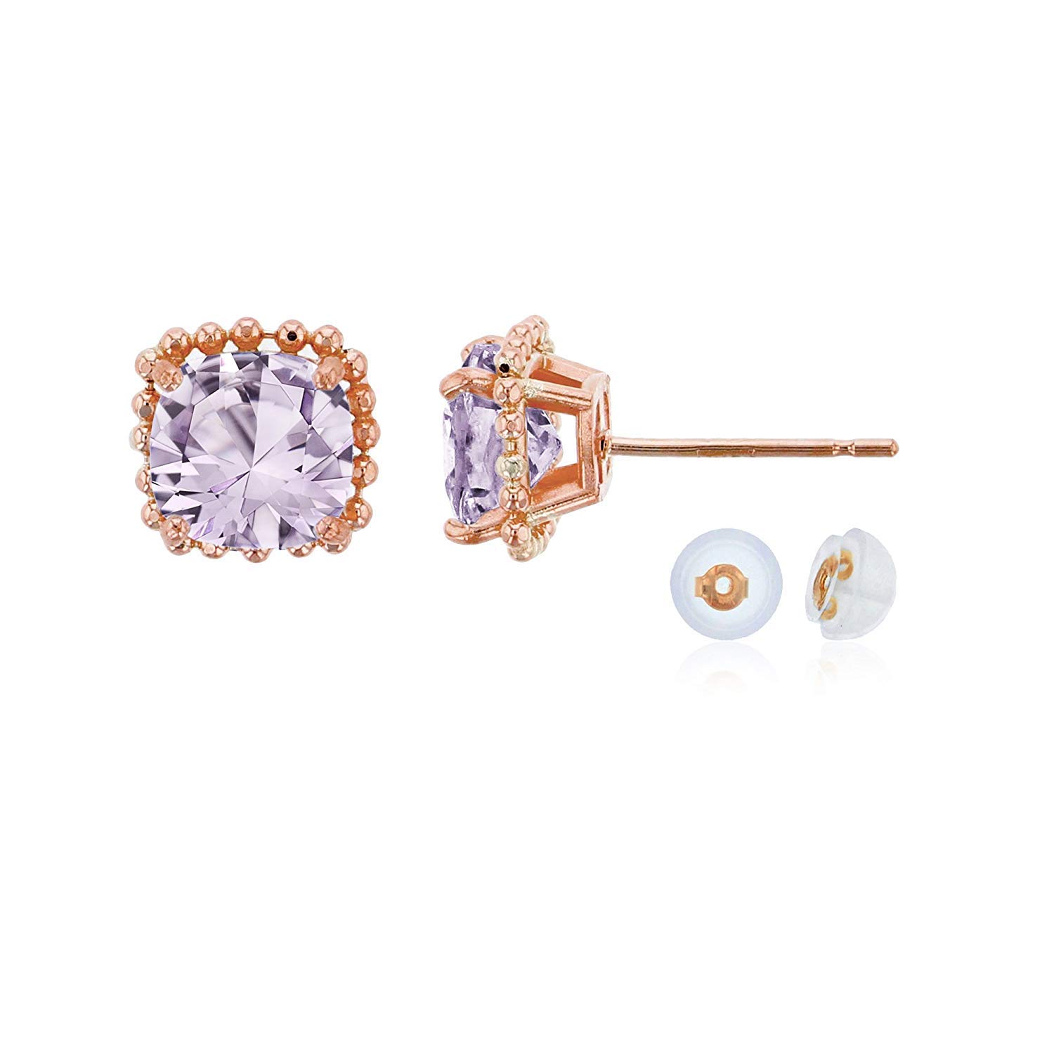 14K Rose Gold 6x6mm Cushion Cut Bead Frame Stud Earrings with Silicone Backs - Hypoallergenic Jewelry for Sensitive Ears, Perfect for Everyday Wear & Special Occasions