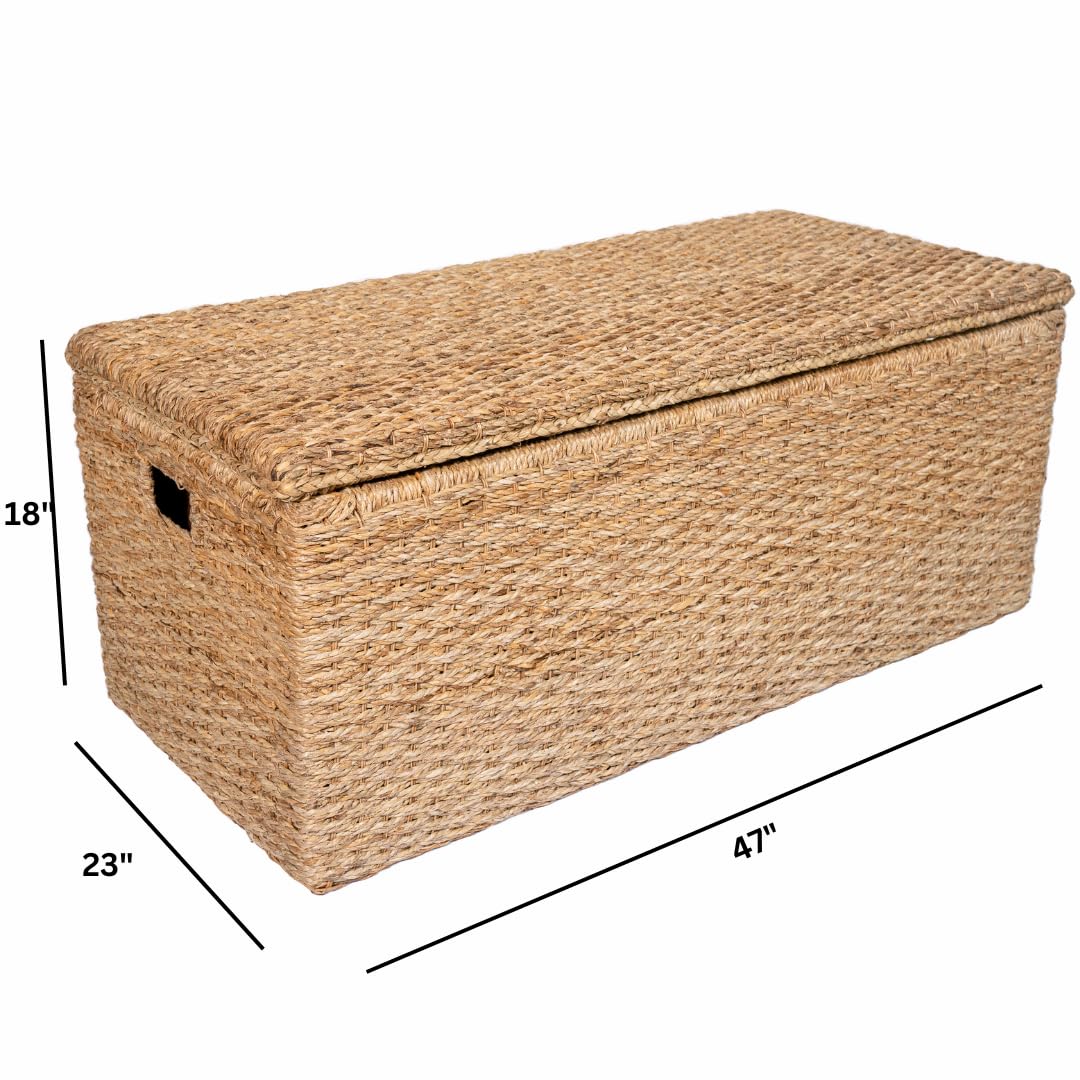 Extra Large Wicker Storage Bench with Lid - Rattan Ottoman Coffee Table, Seagrass Toy Box & Bedside Organizer | Handwoven for Living Room, Bedroom & Nursery Storage Solutions