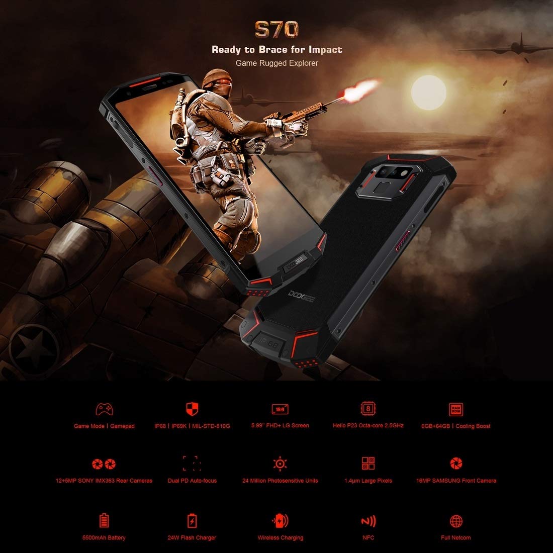 S70 Rugged Smartphone 6GB+64GB - IP68/IP69K Waterproof, Dustproof, Shockproof - MIL-STD-810G Certified - 5500mAh Long Battery Life - Dual Rear Cameras - Fingerprint Unlock - 5.99