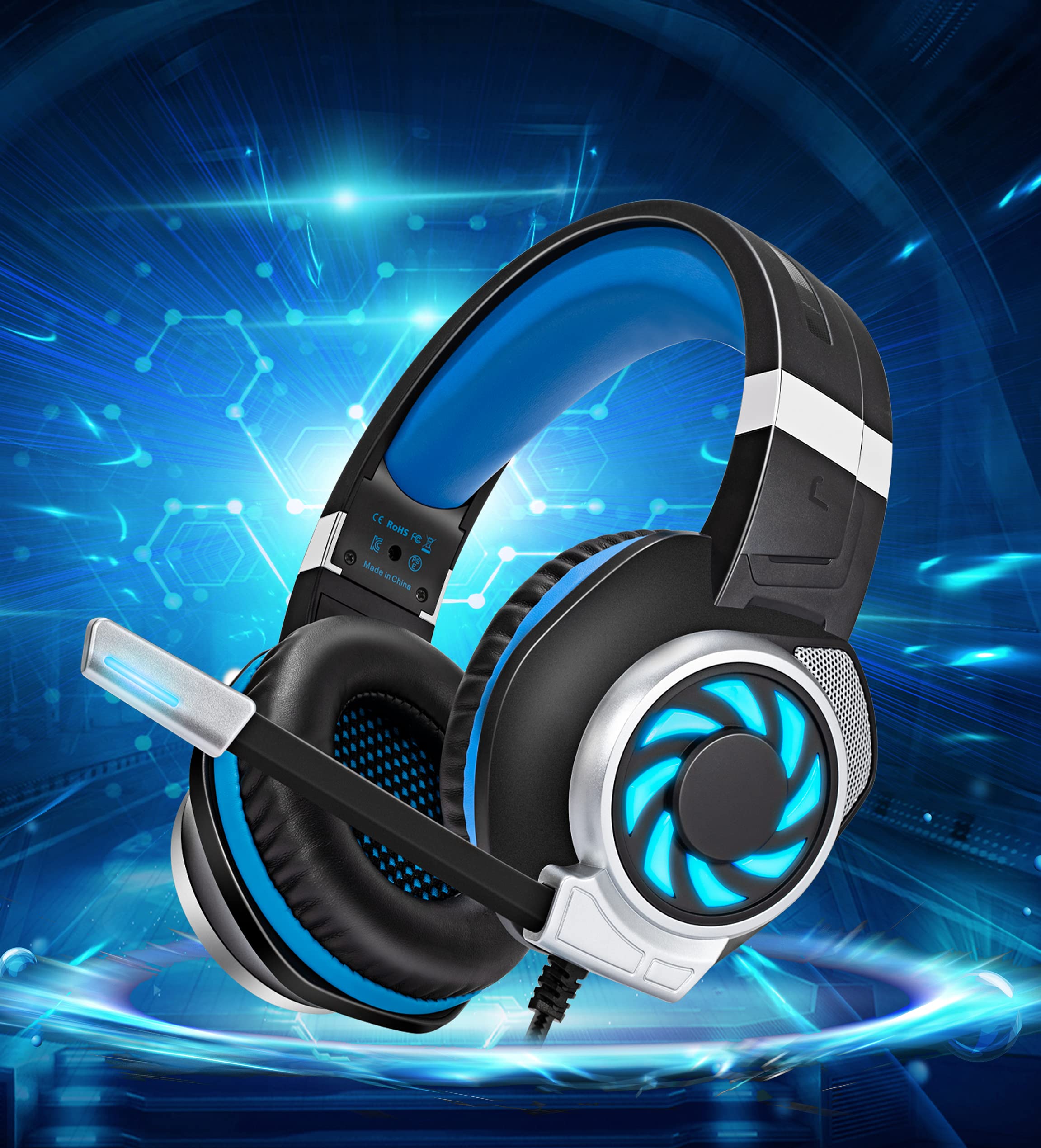 Premium Gaming Headset for PS5, PS4, Xbox One, PC, Mac, Nintendo Switch - Noise Cancelling Over-Ear Headphones with Mic, Deep Bass & Soft Memory Earmuffs (Blue) - Perfect for Online Gaming, Streaming & Virtual Meetings