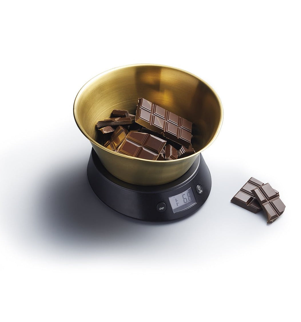 Premium Electronic Dual Dry and Liquid Kitchen Scale with Brass Finish Bowl - Perfect for Baking, Cooking, and Coffee Brewing