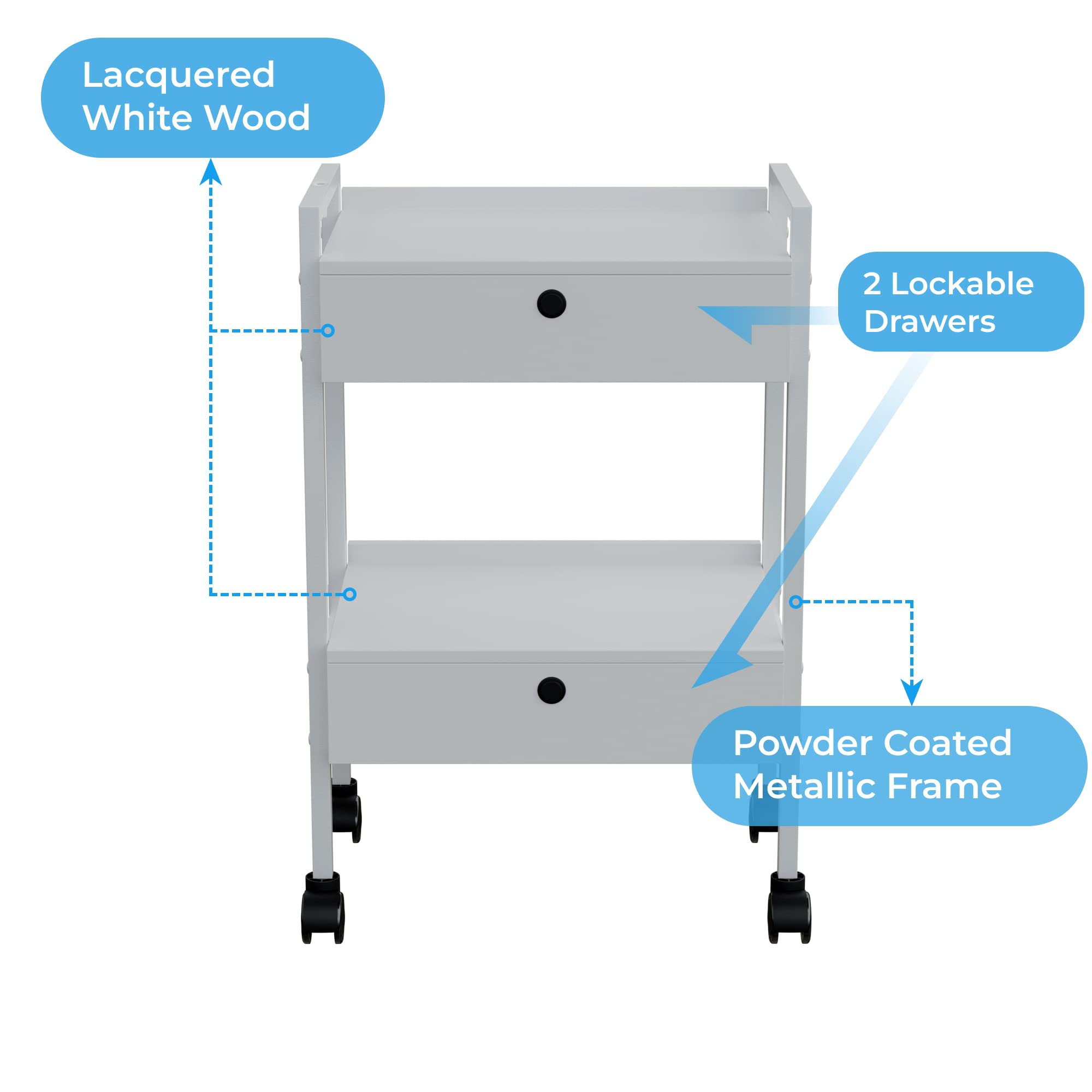 Locking Beauty Treatment Trolley with Drawers - White Cosmetic Cart for Salon, Spa & Clinic - USA-1019 | Perfect for Stylists, Estheticians & Medical Professionals