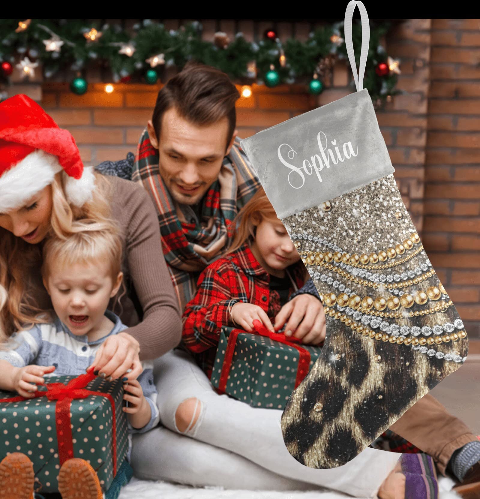 Personalized Christmas Stockings with Name - Bling Pearl & Leopard Print Holiday Decor - 17.52 x 7.87 Inch Family Xmas Gift for Fireplace Mantel, Tree Decorations & Festive Home Styling