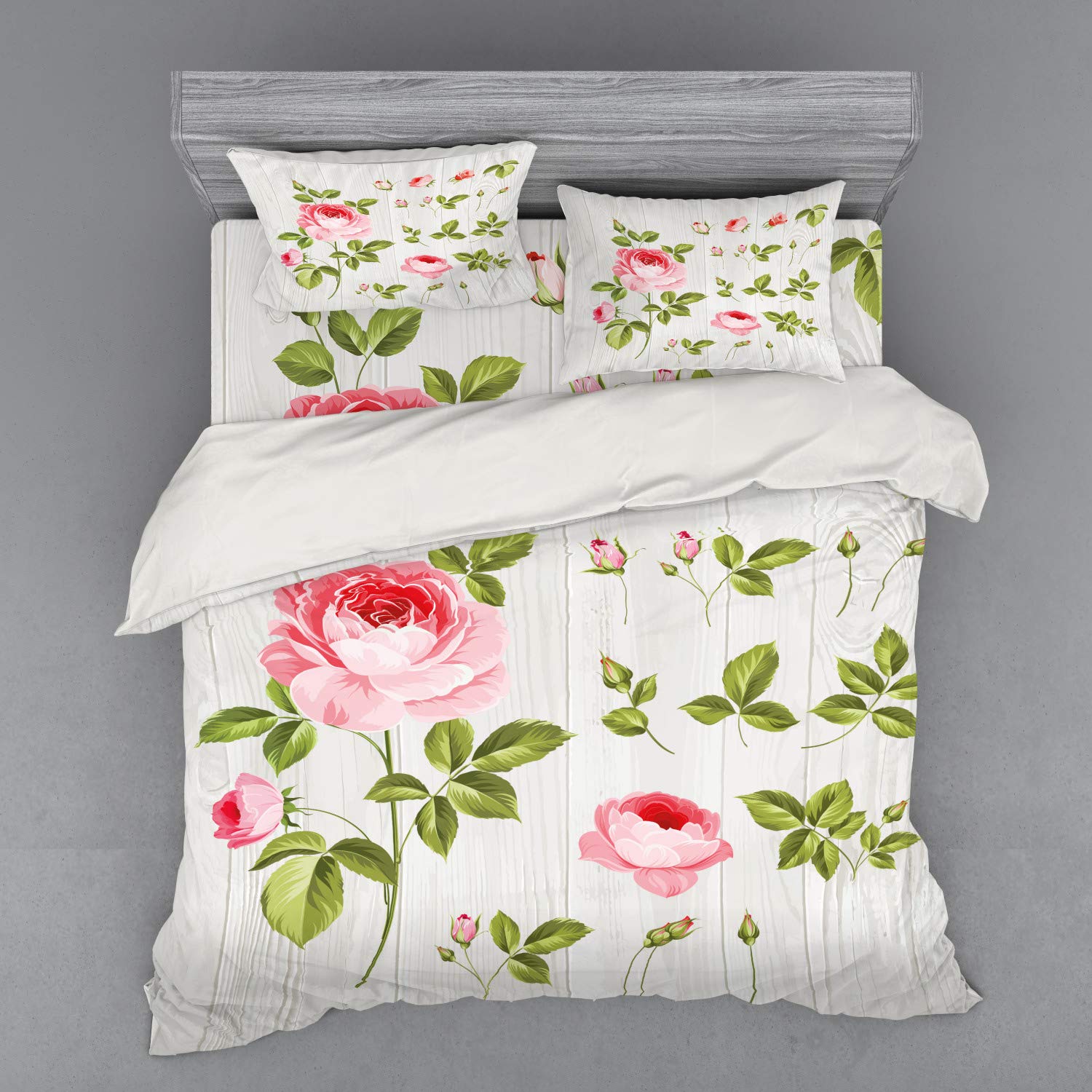 Ambesonne Floral Duvet Cover Set - Vintage Rose Petals Design on Wooden Board Background, 3-Piece King Size Bedding Set with Sham & Fitted Sheet in Pale Pink Khaki | Perfect for Wedding Decor, Romantic Bedroom & Guest Room Styling