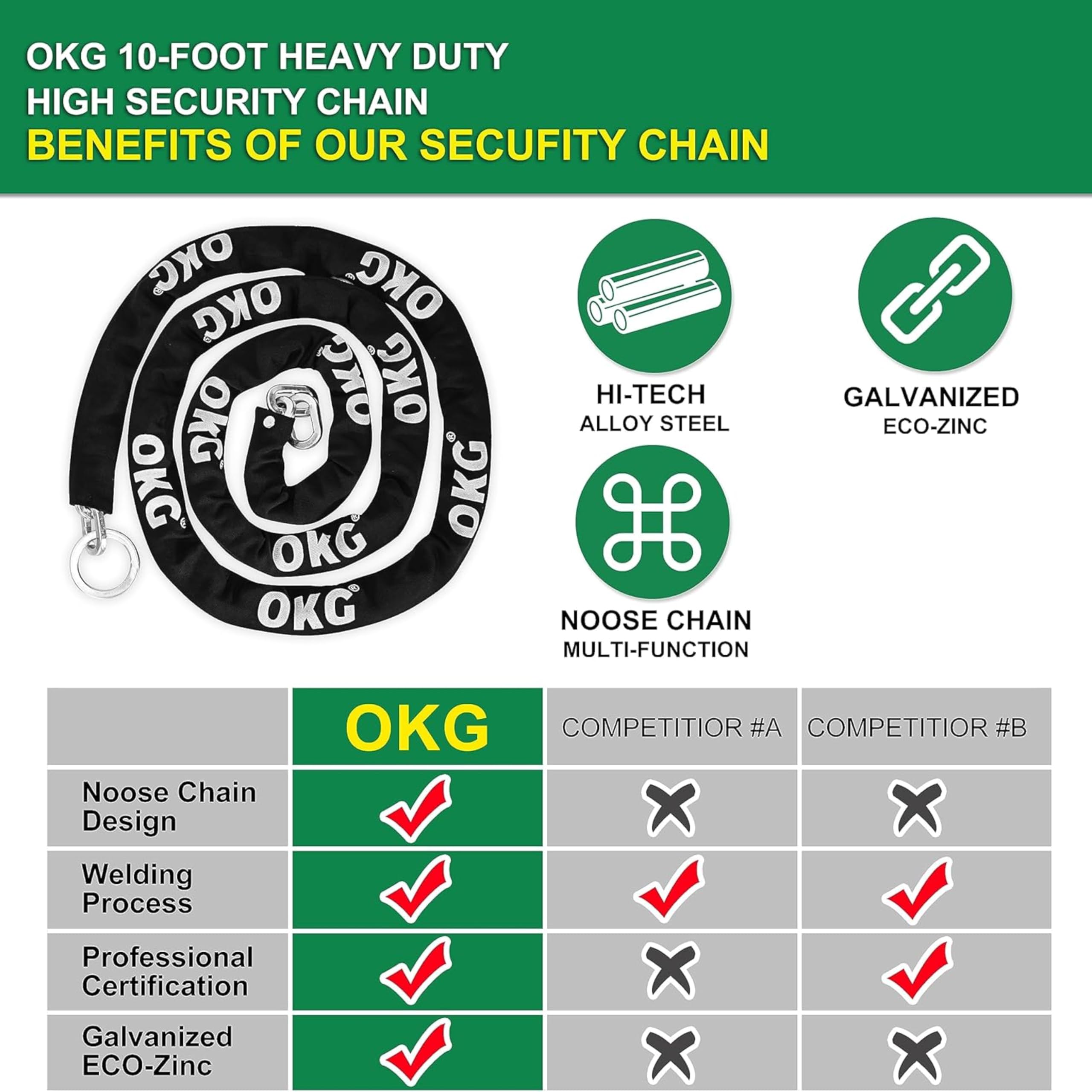 OKG 10-Foot Extra Long Heavy Duty Security Chain - 3/8