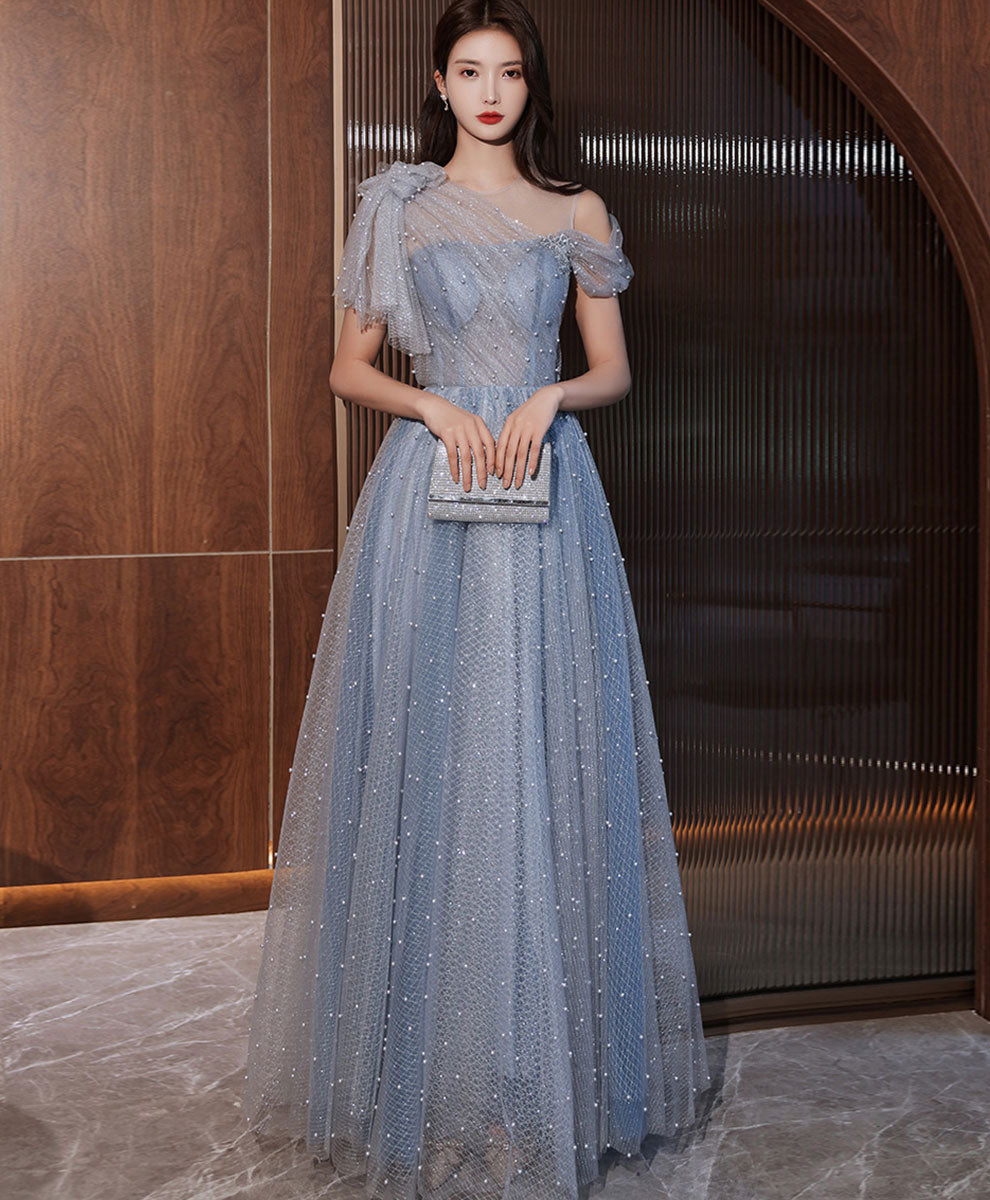 Elegant Blue One Shoulder Tulle Long Prom Dress - Formal Evening Gown for Homecoming, Wedding & Special Occasions