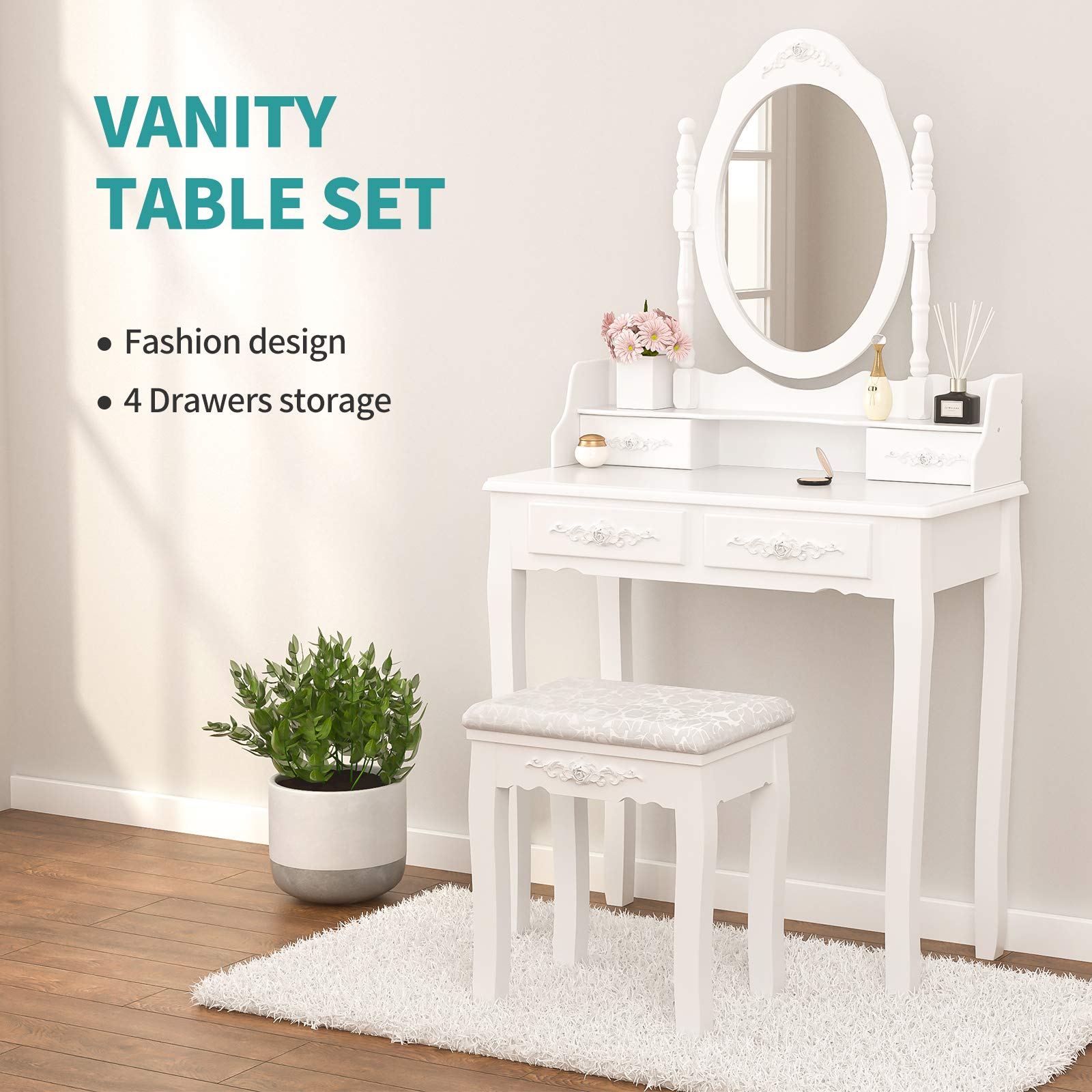 Vanity Table Set with Oval Mirror & Stool - White Wooden Dressing Table with 4 Drawers for Bedroom Makeup Organization | Perfect for Small Spaces, Bridal Suite & Home Beauty Corner