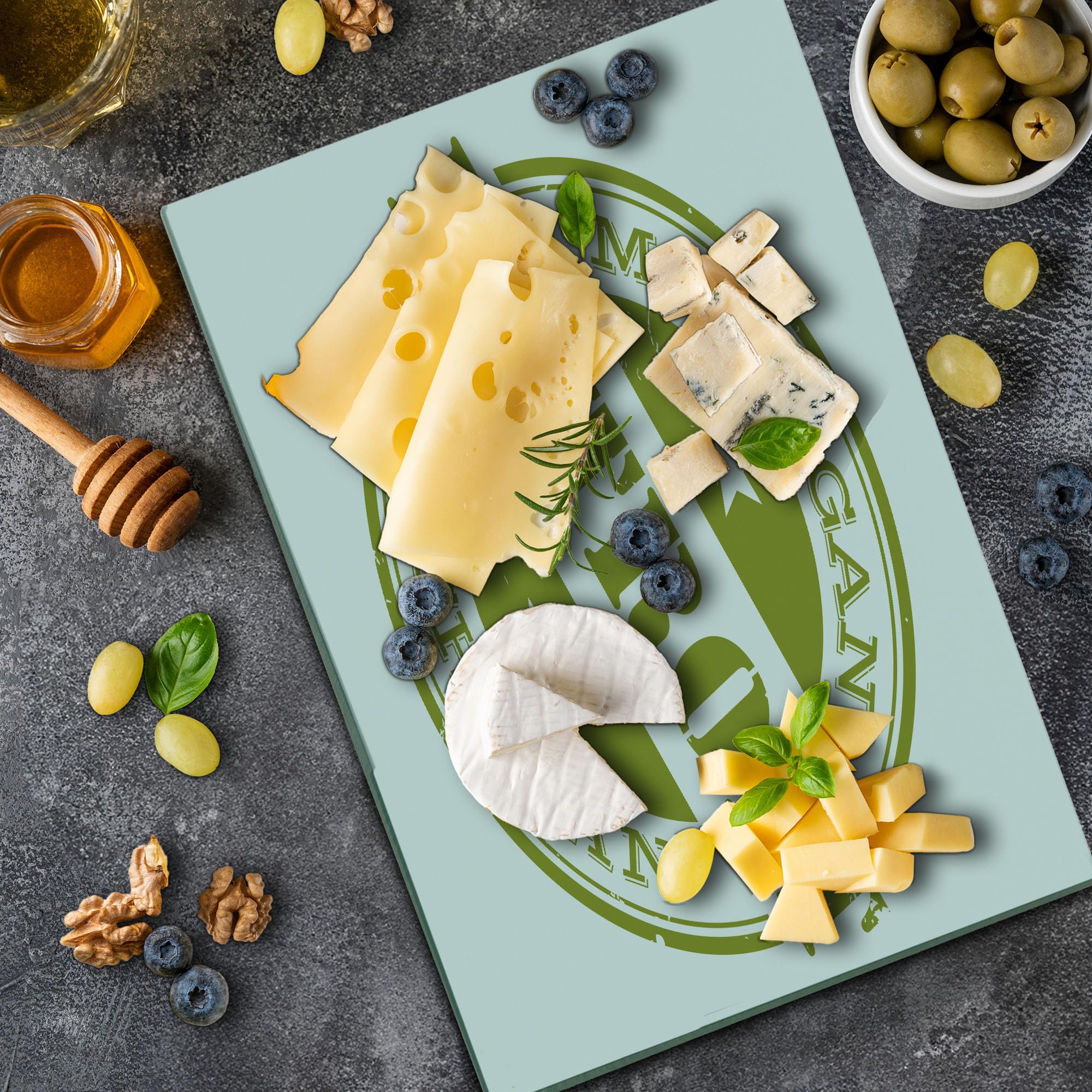 Ambesonne Detroit Themed Cutting Board - Retro Michigan Stamp with Stars Design - Tempered Glass Serving & Decorative Board - Large Size (Olive Green & White) - Perfect for Kitchen Use, Food Prep & Home Decor
