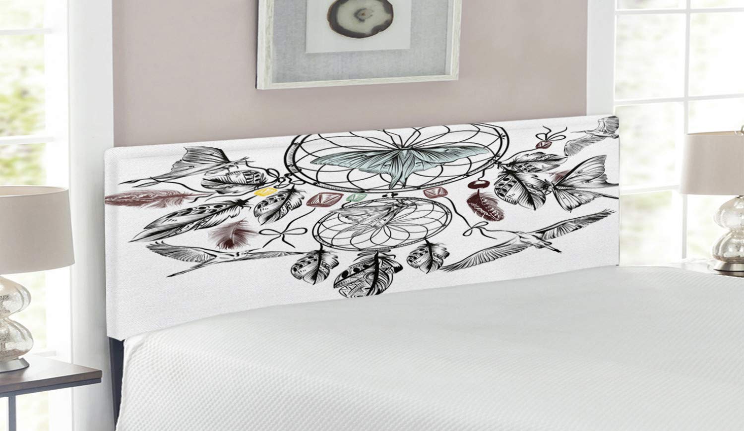 Ambesonne Ethnic Upholstered Headboard with Dreamcatcher & Butterflies Pattern - Queen Size Decorative Metal Bed Headboard with Memory Foam for Cozy Bedroom Decor | Boho Chic Home Accent for Master & Guest Rooms