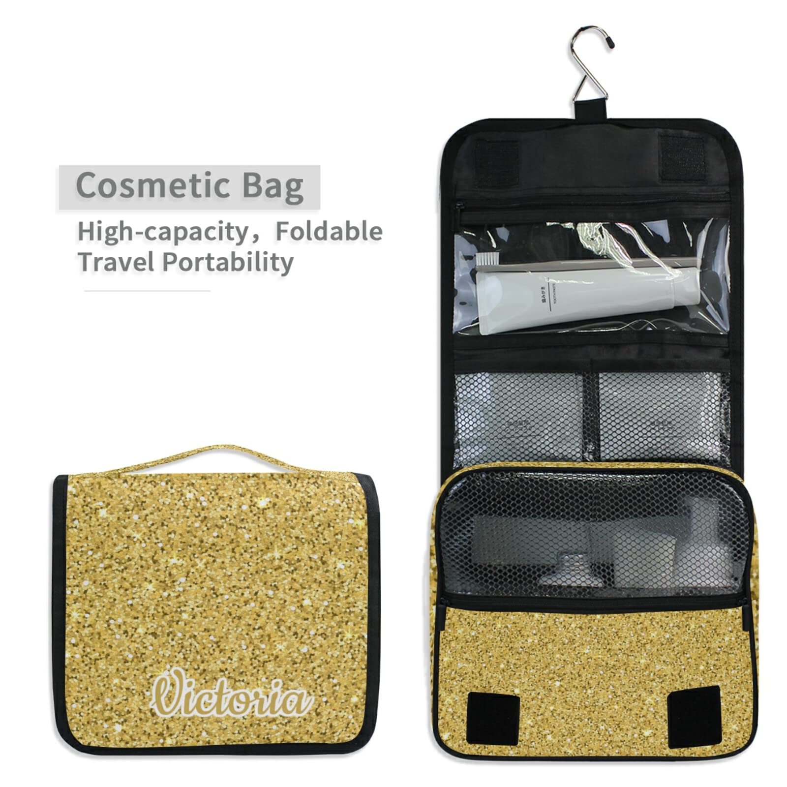 Custom Gold Glitter Personalized Travel Hanging Toiletry Bag - Large Waterproof Makeup Cosmetic & Shower Organizer for Bathroom Essentials, Full-Sized Shampoo & Conditioner - Perfect for Travel, Gym, Camping & Daily Use