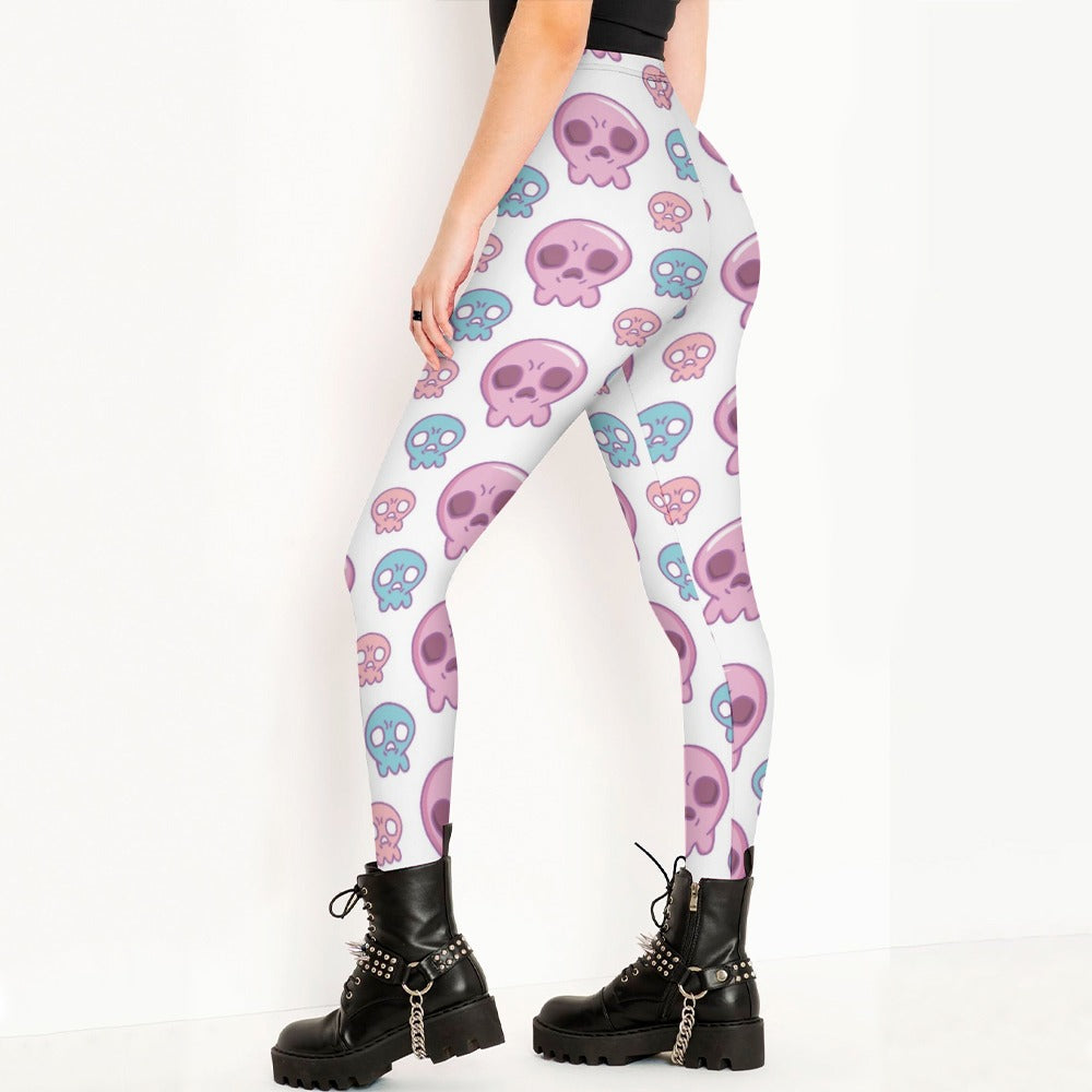 Trendy Pink and Blue Skull Print Leggings for Women - Stylish & Comfortable Workout Pants for Yoga, Gym, and Casual Wear