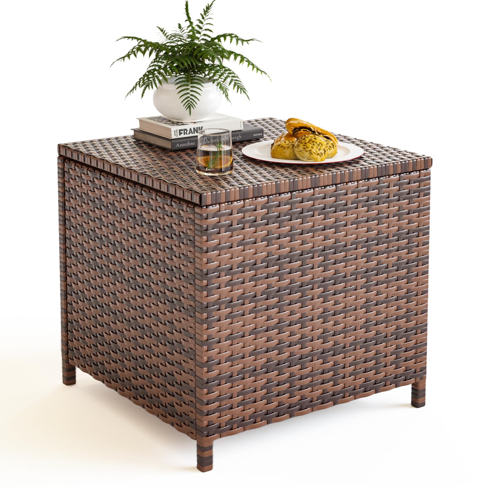 **UDPATIO Outdoor Wicker Side Table with Storage - Rattan End Table, Small Resin Square Coffee Table for Patio, Backyard, Pool - Perfect for Furniture Covers, Toys, Gardening Tools (Brown) - Ideal for Outdoor Relaxation, Entertaining, and Storage Solutions**