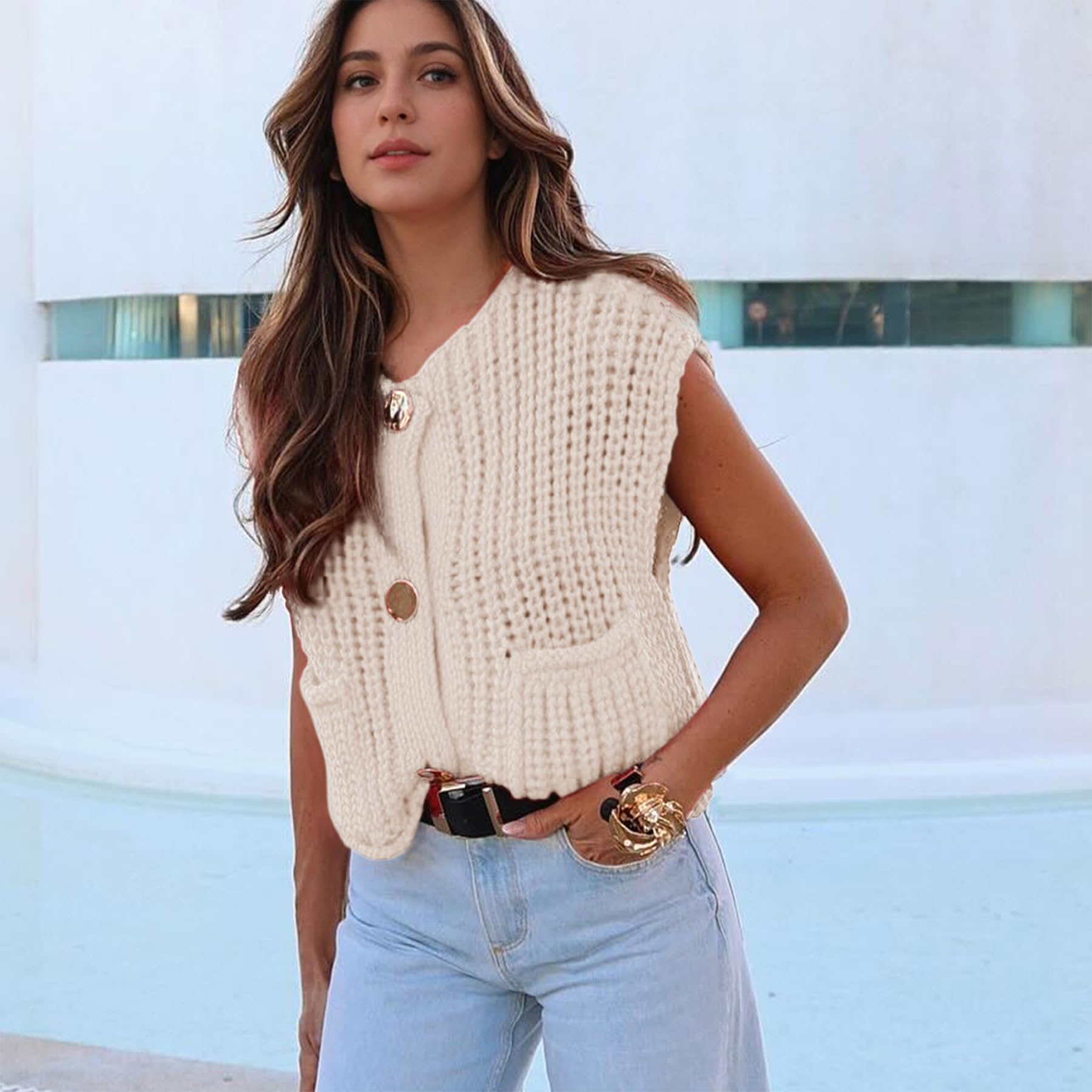 Women's Sleeveless Cropped Cardigan - Casual Chunky Knit Open Front Sweater Vest with Pockets | Button Down Tank Top for Spring/Summer Outfits, Beach Cover-Up & Layering