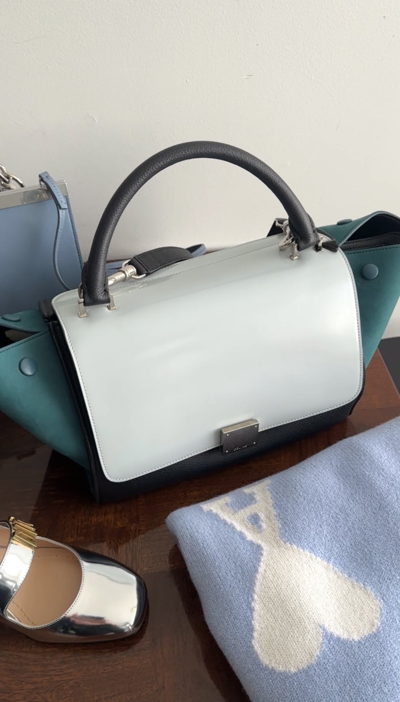 Celine Small Tri-Color Blue Trapeze Handbag with Silver Hardware - Perfect for Work, Travel & Everyday Use