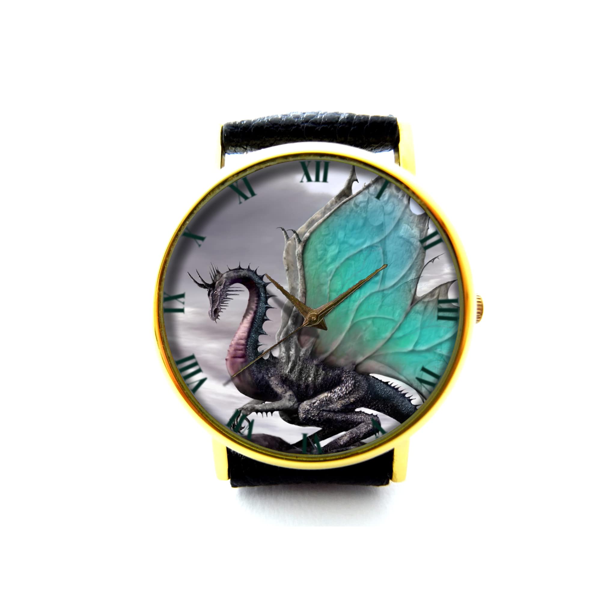Jade Dragon Leather Watch for Men & Women - Handcrafted Fantasy Art Jewelry with Winged Dragon Design - Perfect for Cosplay, Gift Giving & Fantasy Enthusiasts