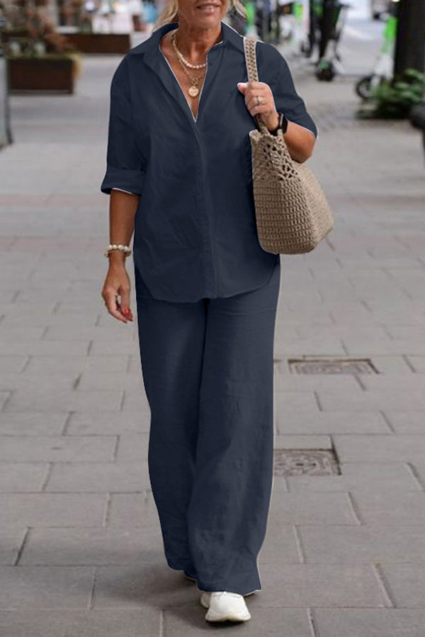 Stylish Solid Color Casual Long Sleeve Shirt & Elastic Waist Loose Wide Leg Pants Set for Women - Perfect for Office, Travel and Everyday Wear