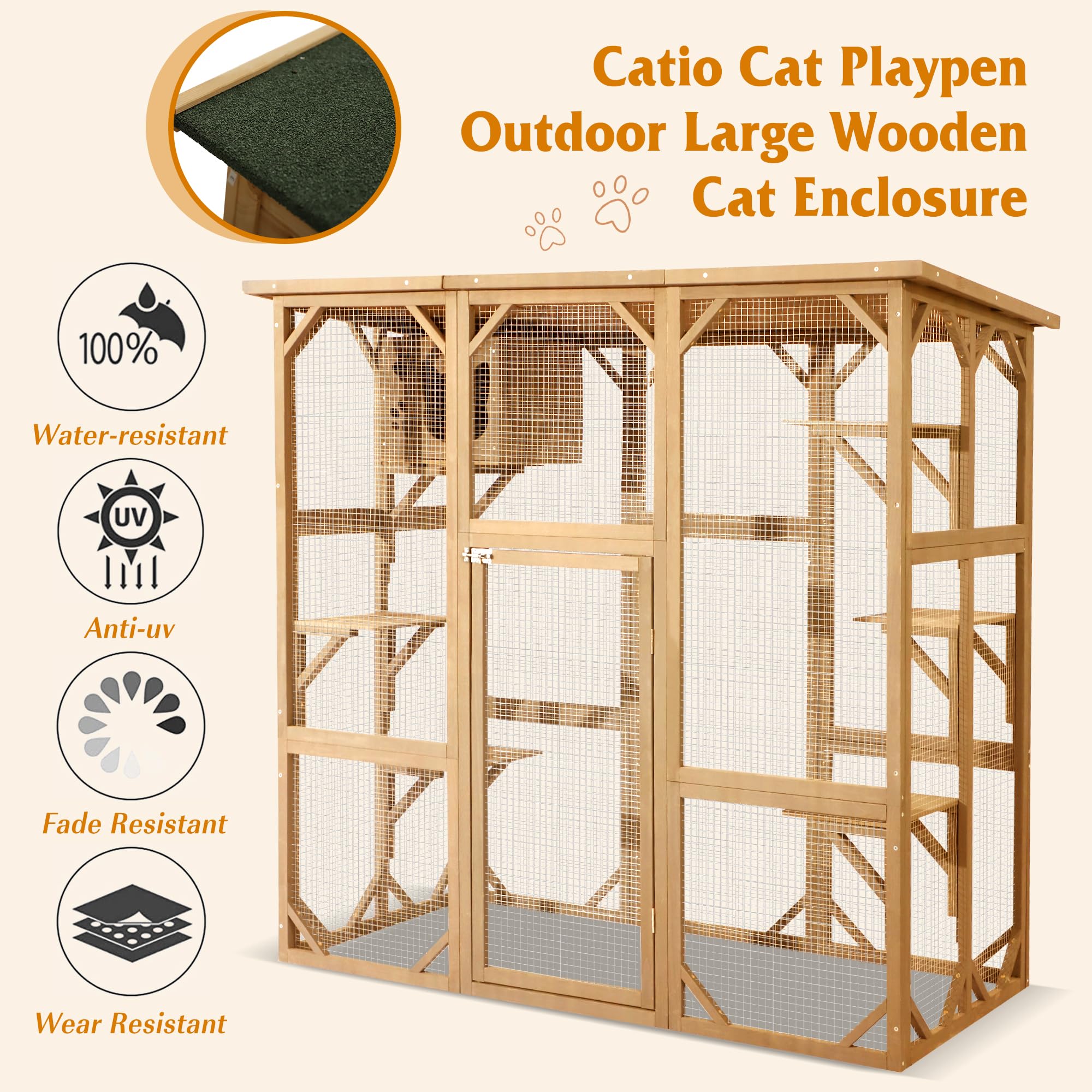 Outdoor Catio Enclosure - Weatherproof Wooden Cat House with Platform for Indoor & Outdoor Play