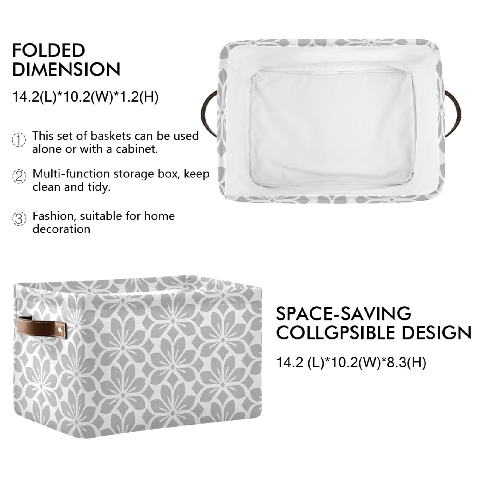 Gray White Floral Storage Basket - Large Collapsible Fabric Bin with PU Handles for Home Organization | Perfect for Shelves, Closet, Nursery & Laundry Room (1-Pack)