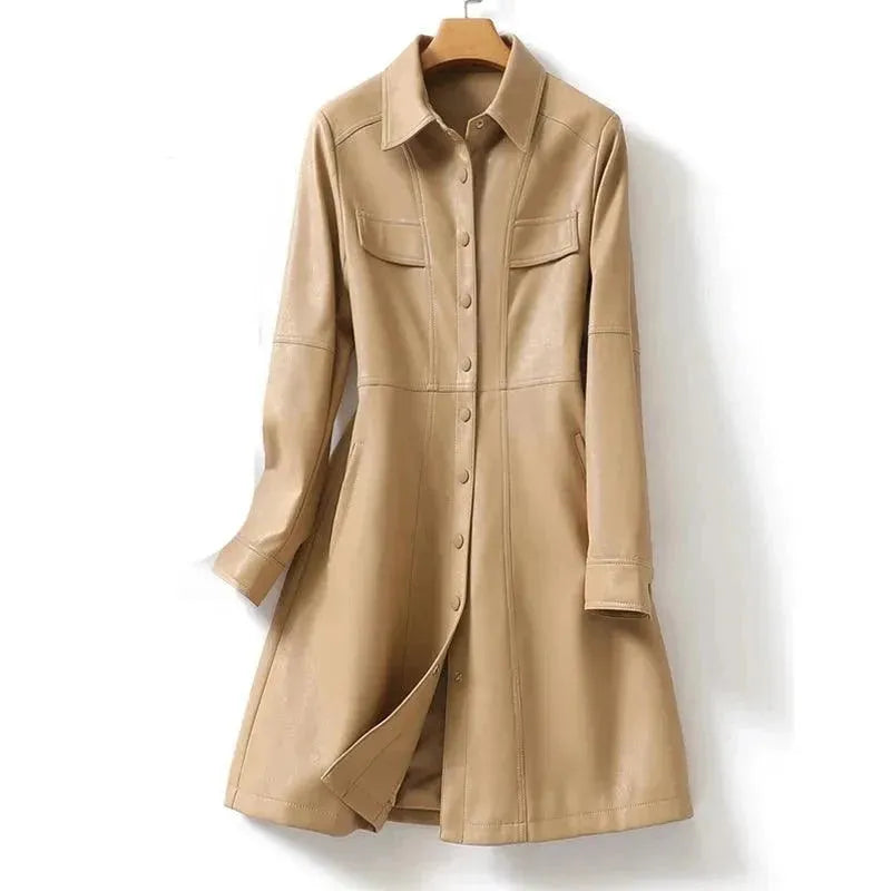 Stylish Women's Leather Midi Coat - Fashionable Outerwear for Fall & Winter - Perfect for Office, Date Night & Casual Outings