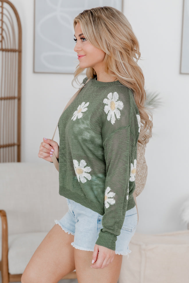 Oops A Daisy Olive Green Daisy Print Sweater - Women's Floral Knit Pullover for Fall & Winter | Cozy Casual Wear for Outings & Layering