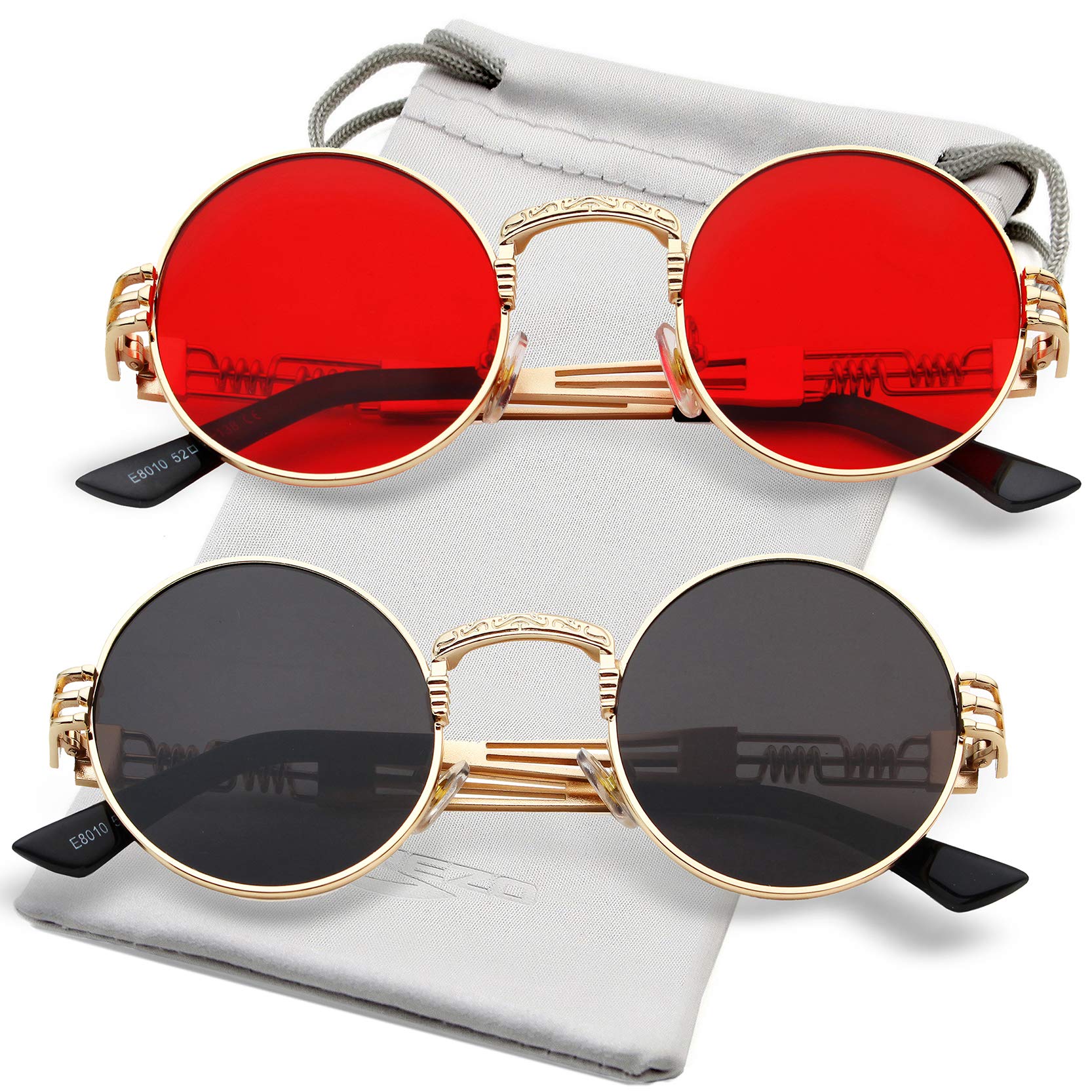 Steampunk Round Sunglasses for Men & Women - Vintage Lennon Hippie Glasses with Metal Frame - 100% UV Protection Lenses - Perfect for Cosplay, Music Festivals & Retro Fashion