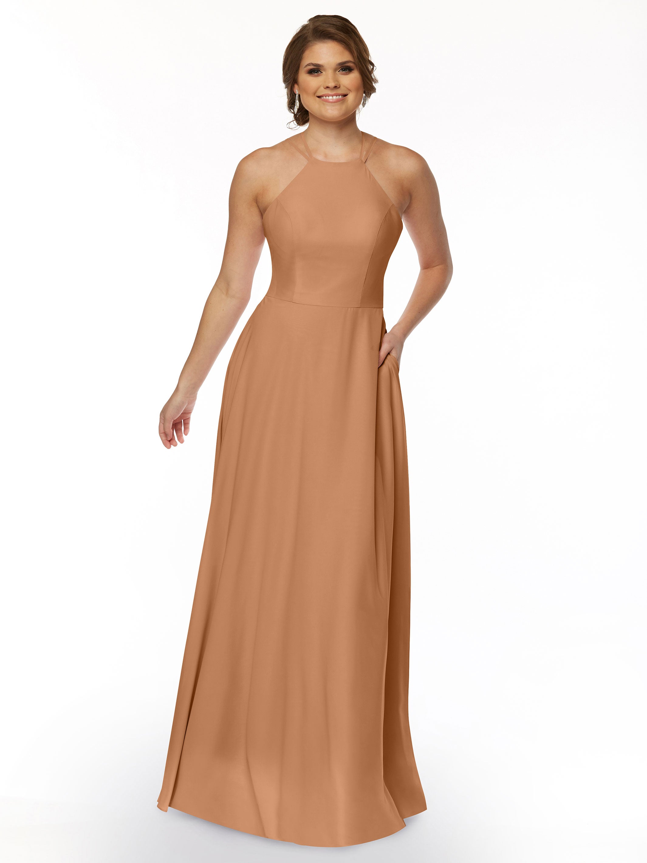 Elegant 83006 Stretch Chiffon A-Line Bridesmaid Dress with Halter Neckline - Perfect for Weddings, Formal Events & Special Occasions