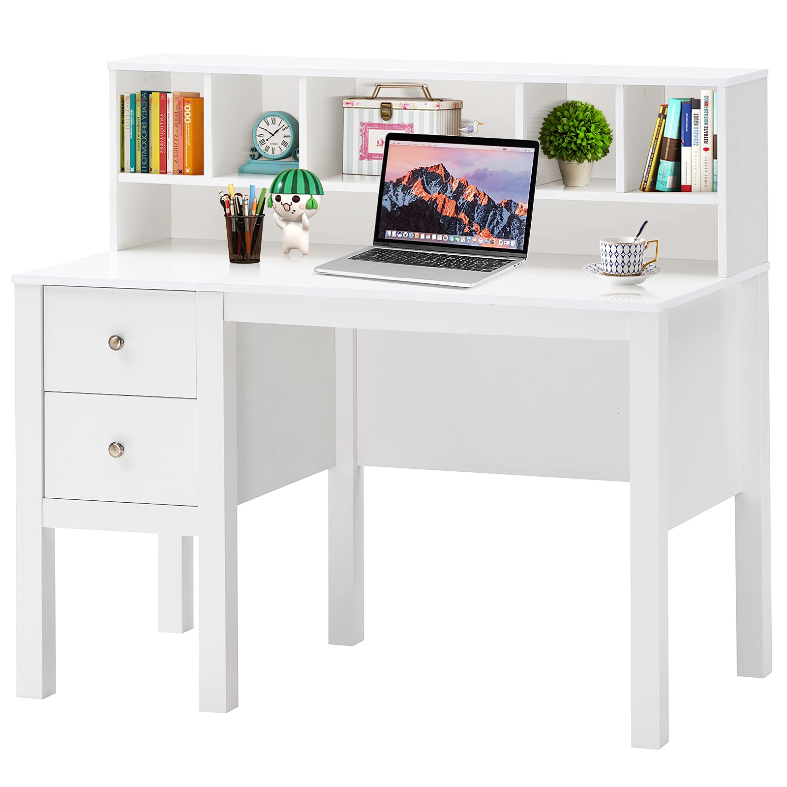 Tangkula White Modern Computer Desk with Storage Drawers & Bookshelves - Home Office Writing Study Desk with Hutch, Laptop Workstation & Storage Compartments - Perfect for Small Spaces, Remote Work & Makeup Vanity