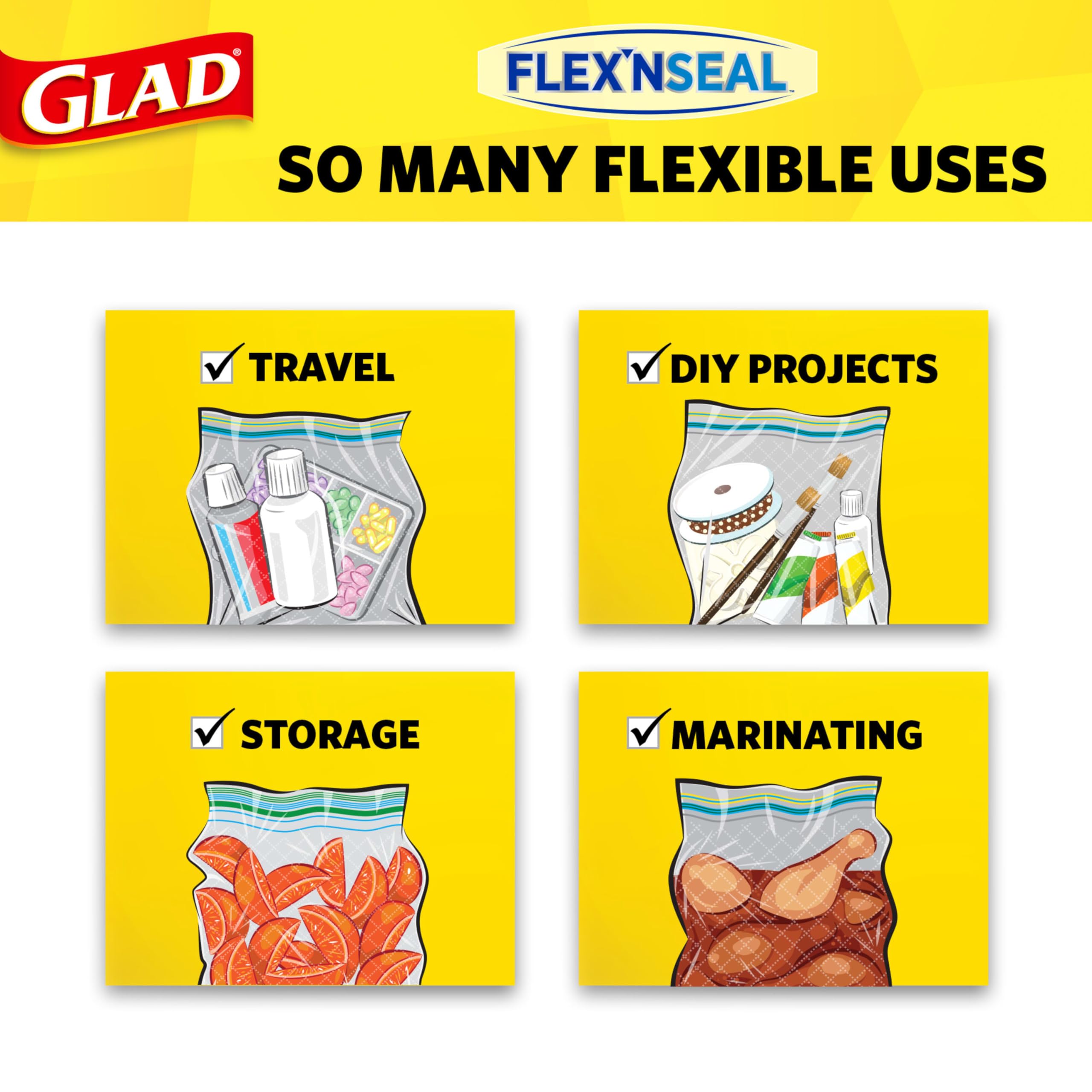 Glad Flex'N Seal Quart Food Storage Plastic Bags - 38 Count (Package May Vary) | Airtight Freshness for Leftovers, Meal Prep & Snacks | Perfect for Home, Office & Picnics
