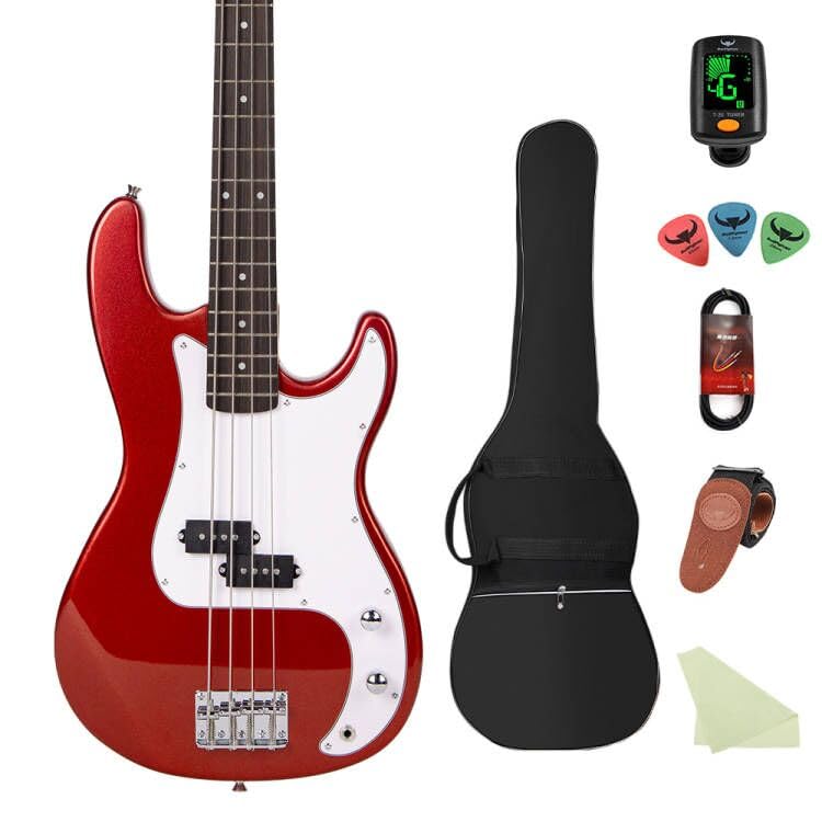 4-String Electric Bass Guitar Full Size PB-Style Beginner Kit with Gig Bag, Strap & Cable - Perfect for Beginners, Practice & Live Performances (Black/Red)