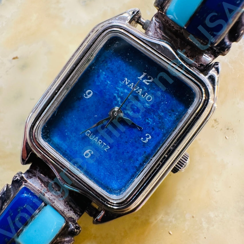Sterling Silver Turquoise Lapis Lazuli Navajo Watch - Handmade Native American Jewelry for Women - Perfect for Casual Wear, Festivals & Boho Fashion