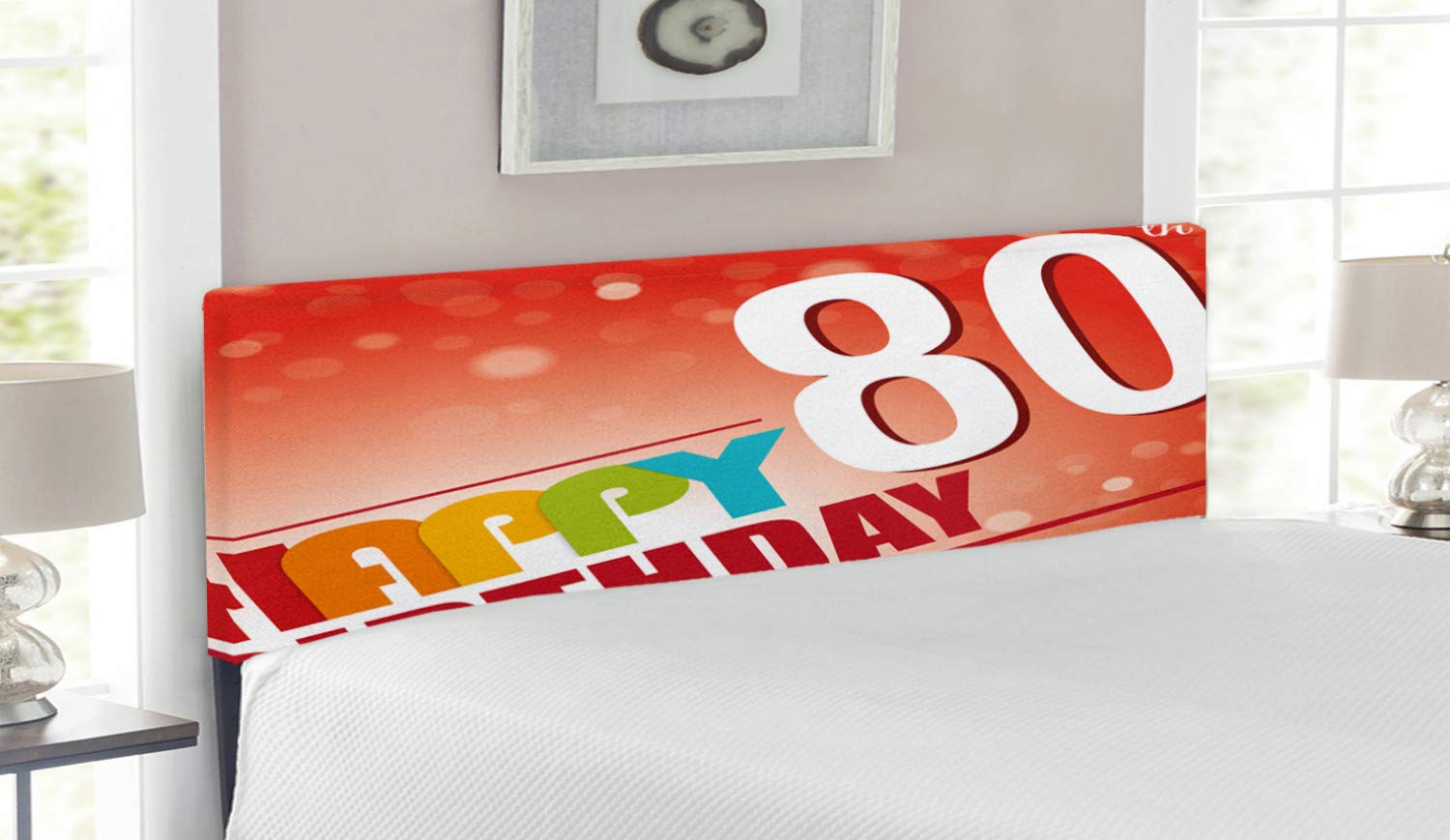Ambesonne Queen Size Upholstered Metal Headboard with Memory Foam - 80th Birthday Themed Decorative Bed Headboard in Red Vermilion & White Abstract Design | Perfect for Birthday Party Decorations & Bedroom Makeovers