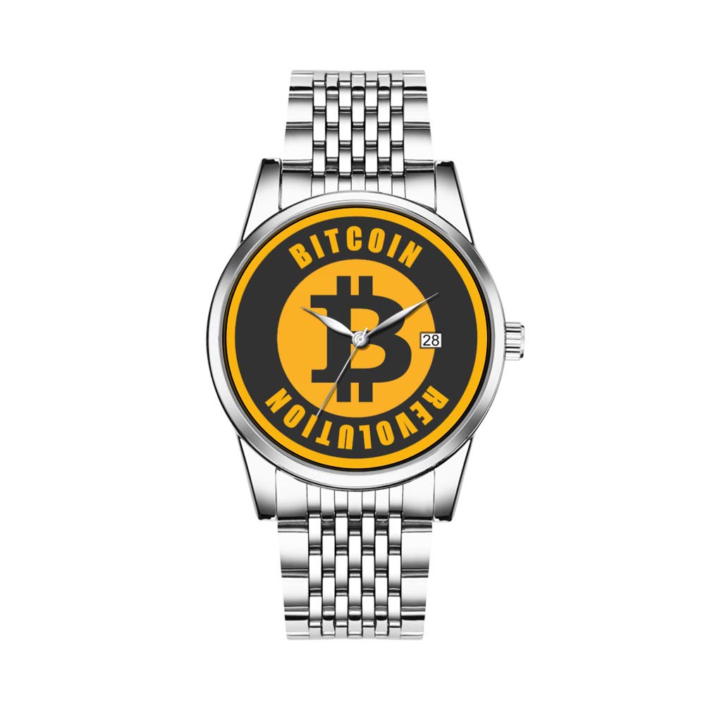 Men's Christmas Watches - Japanese Quartz Date Silver Stainless Steel Bracelet Watch with Bitcoin Design | Perfect Holiday Gift, Party Wear & Crypto Enthusiast Fashion Accessory