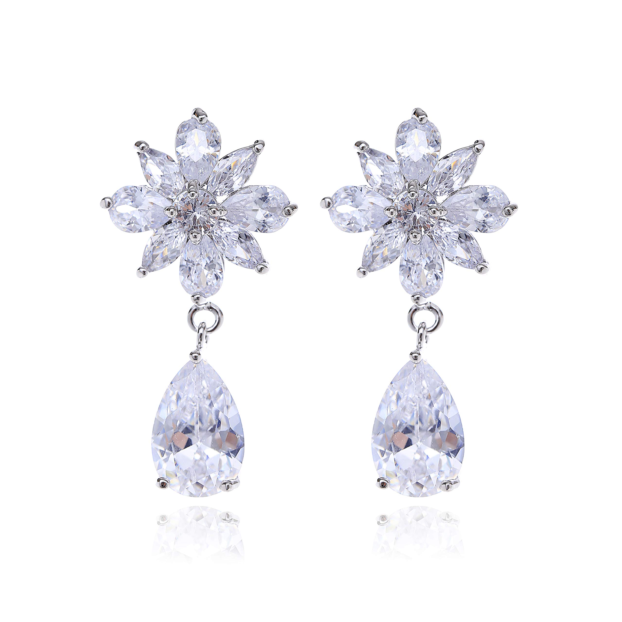 Elegant Gold Plated Teardrop Cluster Floral Leaf CZ Crystal Rhinestone Wedding Earrings for Women - Cubic Zirconia Bridal Jewelry Set - Perfect for Bridal Shower, Wedding Ceremony & Special Occasions