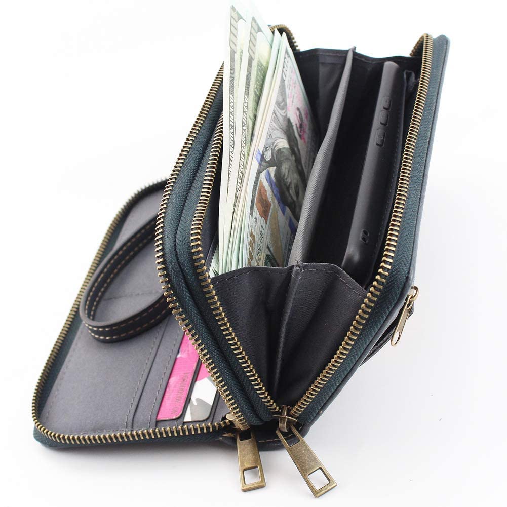 RFID Blocking Women's Long Clutch Wallet with Double Zipper & Hand Strap - Secure Card Holder for Cash, Coins, Bills & Smartphone (Lake Blue) | Perfect for Travel, Shopping & Everyday Use
