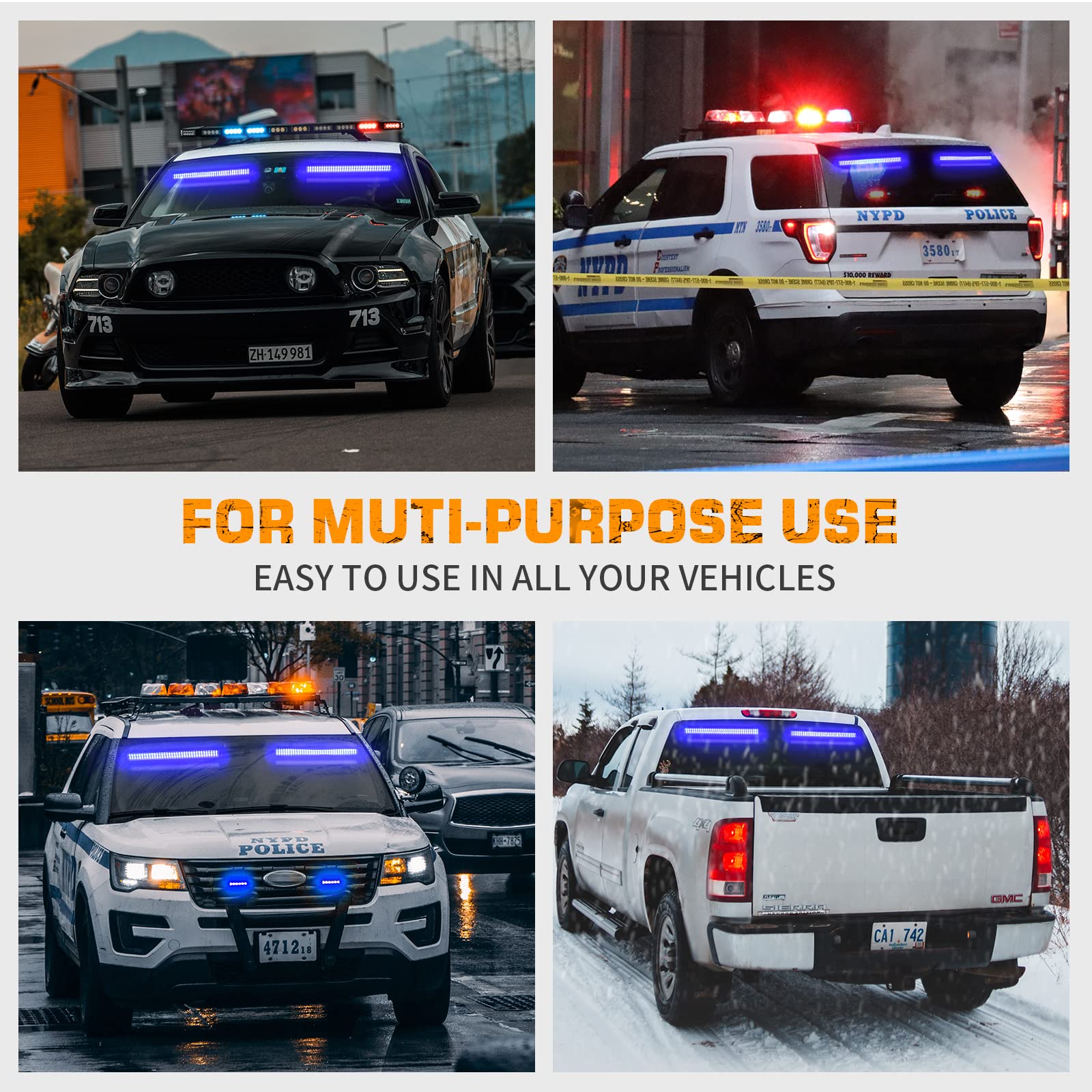 XRIDONSEN 144 LED Blue Emergency Dash Lights - 2x14 Inch Hazard Warning Strobe Lights for Firefighter, Police, and Truck Vehicles - Interior Front/Rear Windshield Split Mount - Ideal for Emergency Response, Roadside Assistance & Safety Scenarios