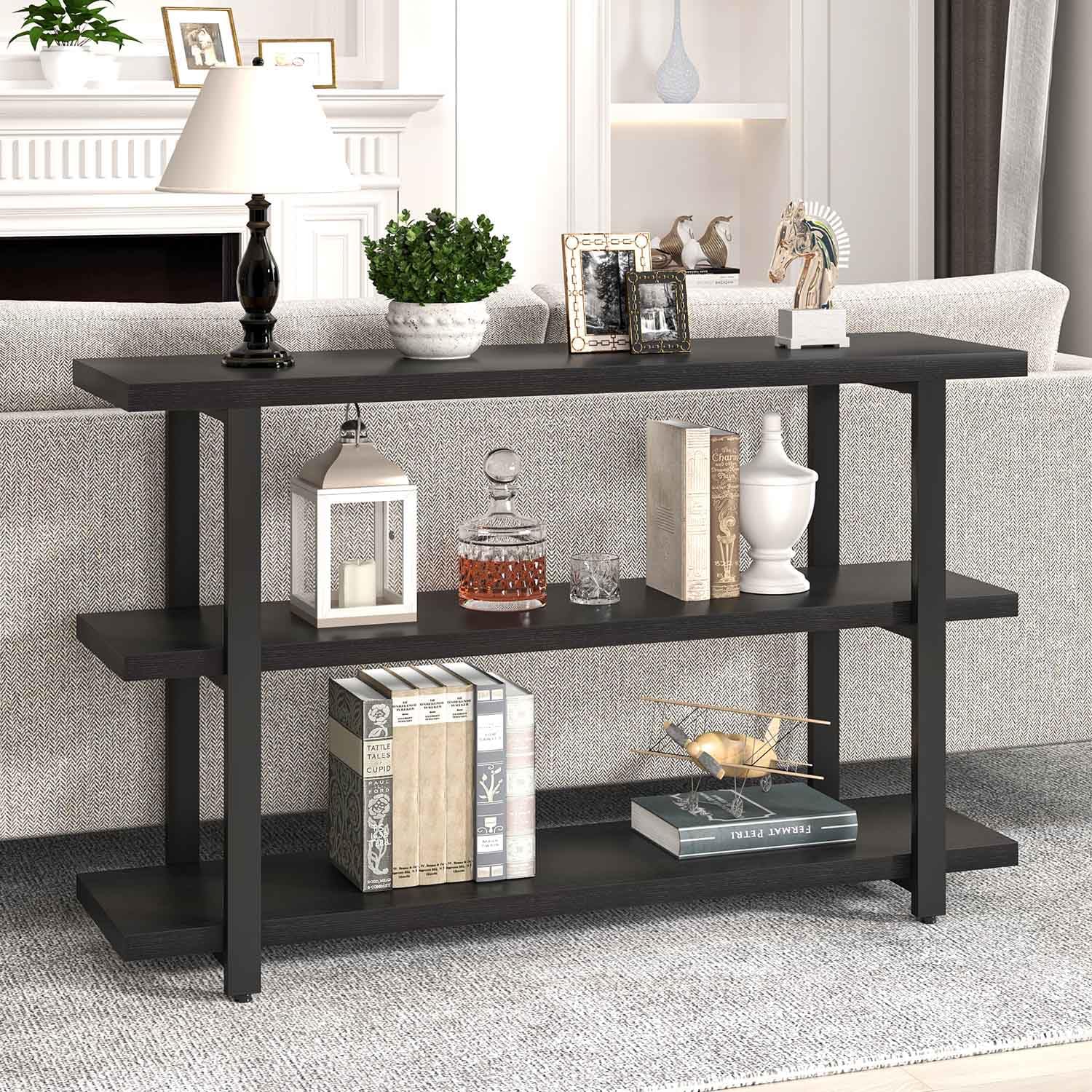Modern Black Entryway Console Table with 3-Tier Storage Shelves - 47 Inch Wood & Metal Sofa Table for Living Room, Hallway, Entrance or Behind Couch - Perfect for Home Decor, Small Space Organization & Stylish Storage Solutions