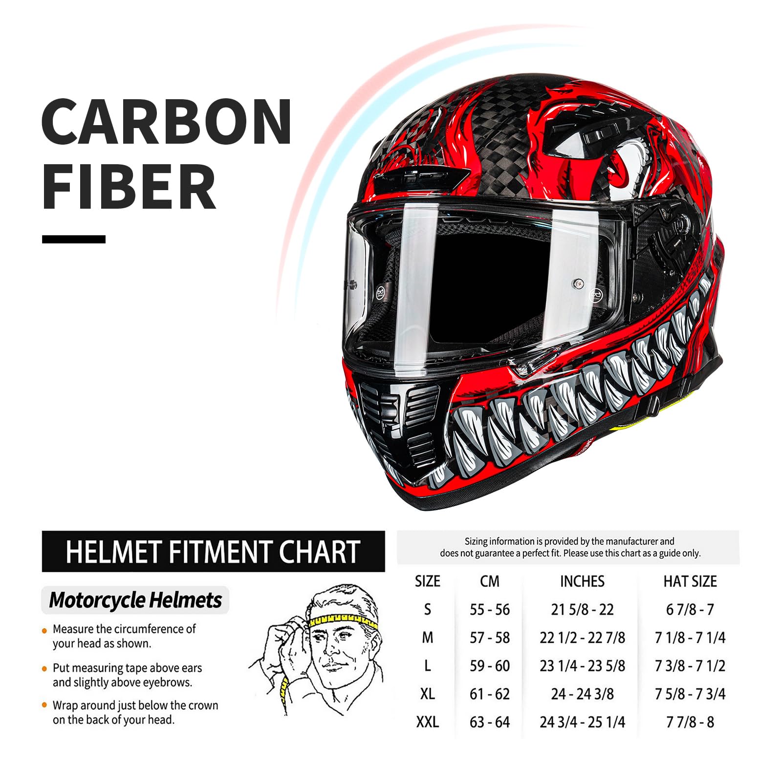 Carbon Fiber Full Face Motorcycle Helmet FA-602 - DOT Approved Dual Visor Racing Helmet for Street Bike & ATV - Unisex Adult (Monstrous Red, XXL) - Perfect for Mountain Racing & Urban Commuting