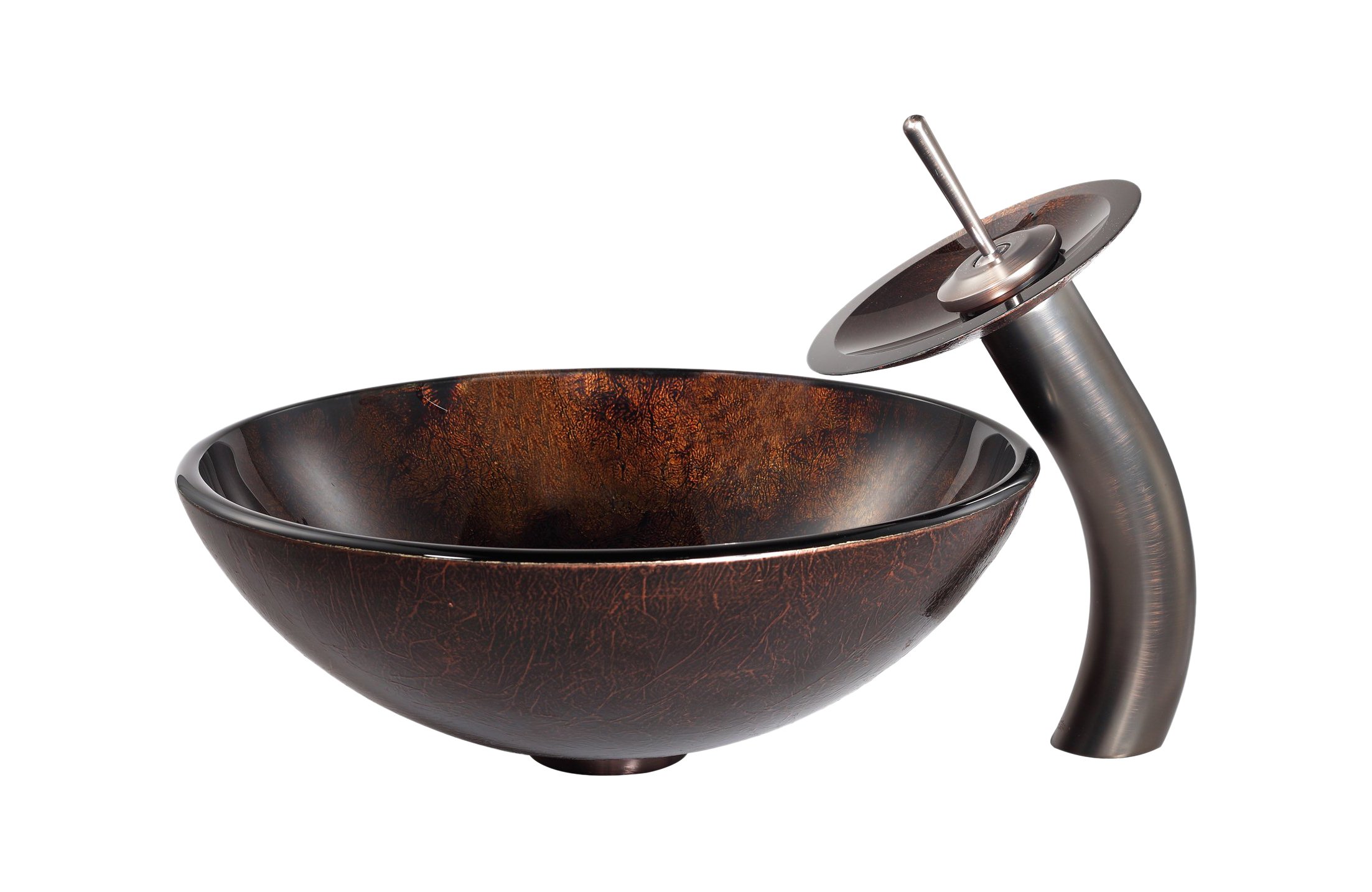 Kraus Pluto Glass Vessel Bathroom Sink with Waterfall Faucet in Oil Rubbed Bronze - Modern Vanity Basin for Powder Room, Guest Bath, or Master Suite