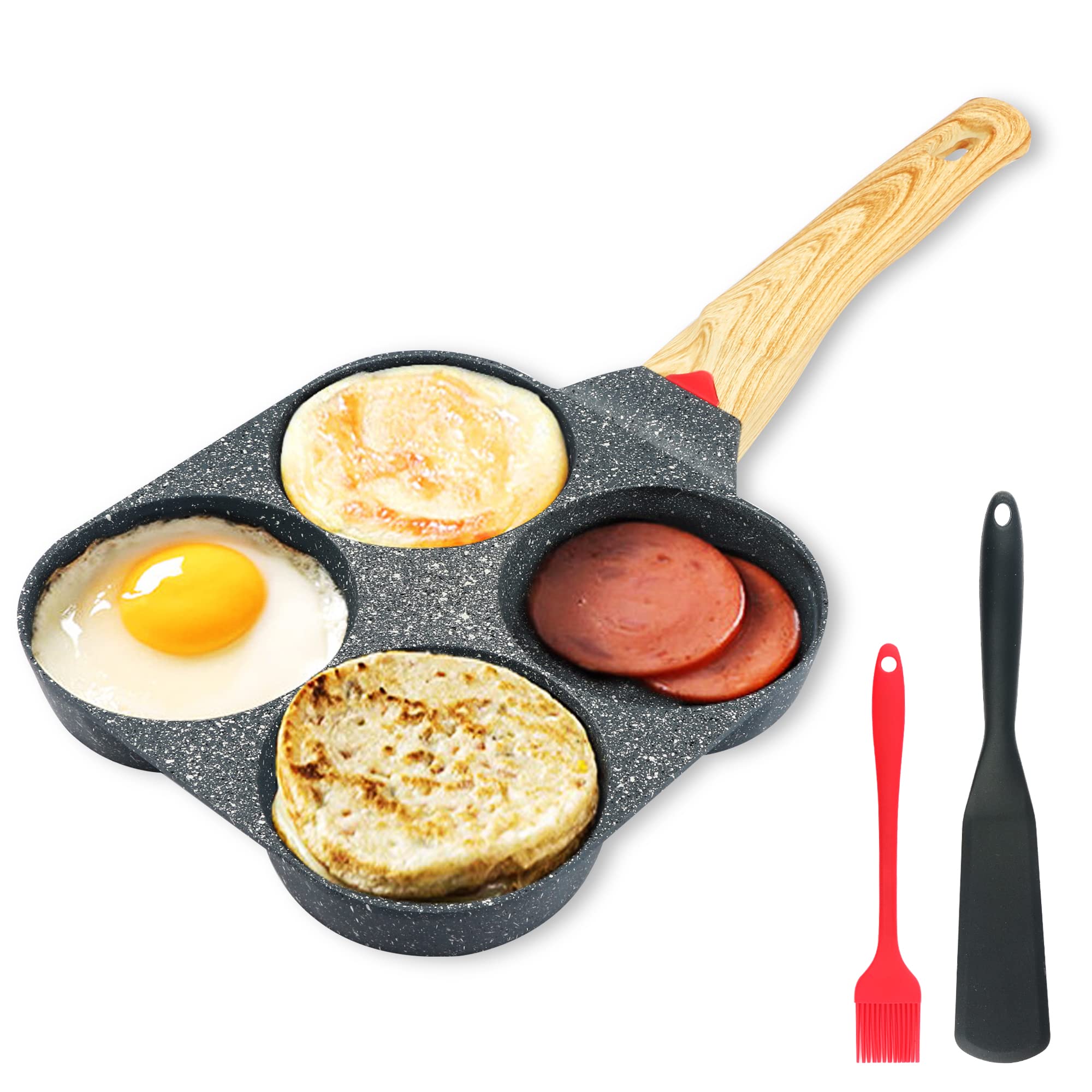 Non Stick Egg Frying Pan - 4-Cup Aluminum Cookware with Spatula & Brush, Perfect for Breakfast Pancakes, Omelets & Crepes | Even Heating, Easy to Clean | Ideal for Home Kitchen, Camping & RV Cooking
