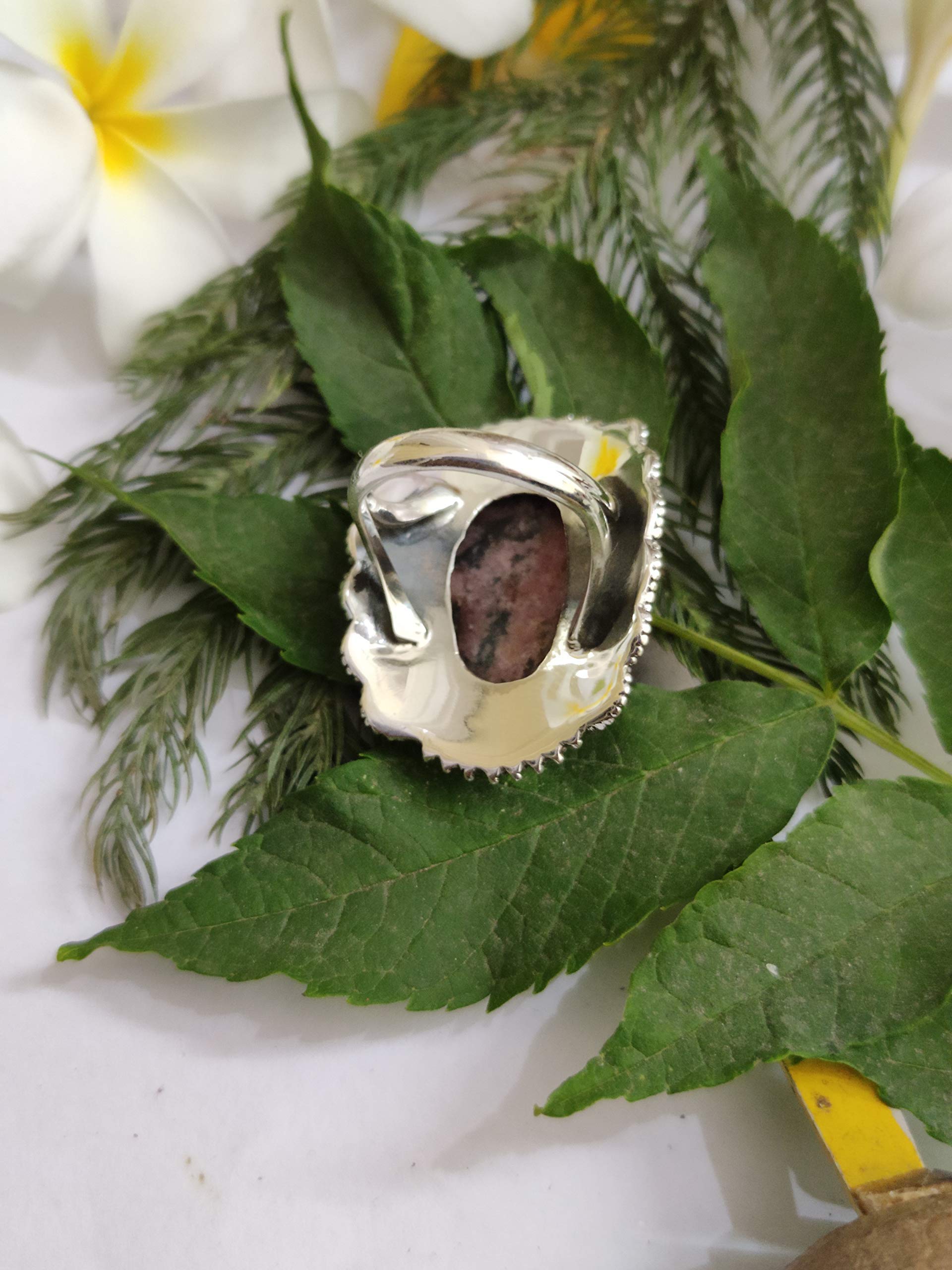 Rhodonite Ring 925 Sterling Silver - Large Vintage Style Bohemian Statement Ring for Women, Bridesmaid Gift, Promise Ring, Healing Crystal Jewelry, Artisan Designer Engagement Ring | Perfect for Weddings, Spiritual Healing & Boho Fashion
